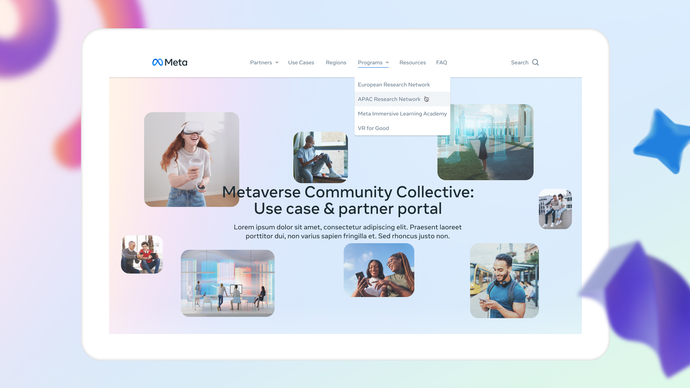 A webpage featuring the Meta logo at the top. The screen shows a headline reading "Metaverse Community Collective: Use case & partner portal" with placeholder text below. Surrounding the headline are various images of people engaging with technology and virtual environments.