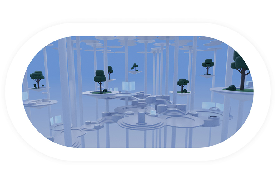A 3D illustration depicts a futuristic cityscape with floating platforms, trees, and various architectural elements suspended in a light blue sky. The scene is minimalistic with smooth, rounded shapes, and the platforms are connected by slender columns.