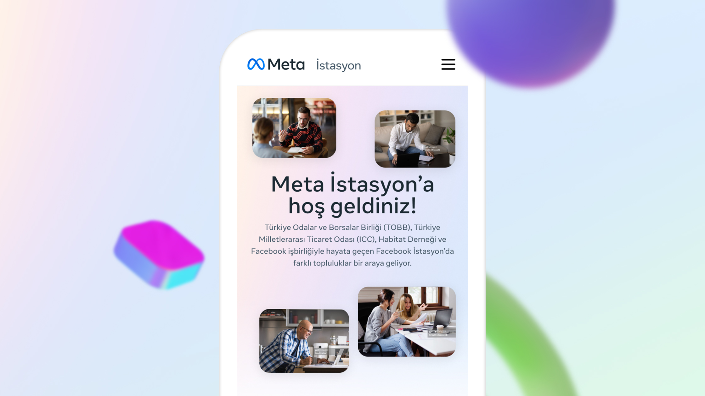 A smartphone screen displays a welcome message for "Meta İstasyon," written in Turkish. Below the text, there are photos depicting groups of people collaborating in a workspace. The background features a gradient with abstract shapes.