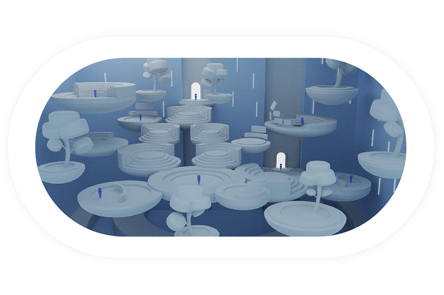A digital illustration of a surreal, futuristic landscape with floating circular platforms connected by small pathways. Human-like blue figures stand on some platforms. The background is light blue, with several doors and tall rectangular windows emitting white light.