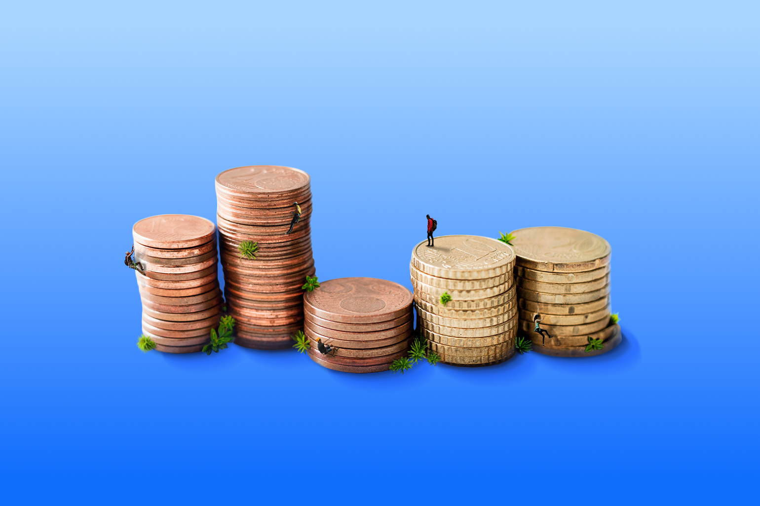 Stacks of variously sized coins, some featuring small plants growing around them, sit against a gradient blue background. A tiny figure with a flag stands atop the tallest stack on the far right, illustrating economic impact in an engaging data visualization.