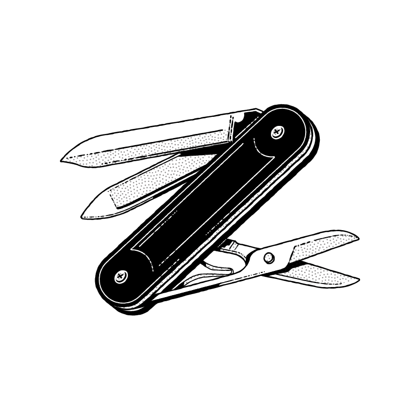 Black and white illustration of a Swiss Army knife with multiple tools extended, including a blade, a file, and scissors, set against a black background—exemplifying precision and versatility for international clients in public affairs strategy.