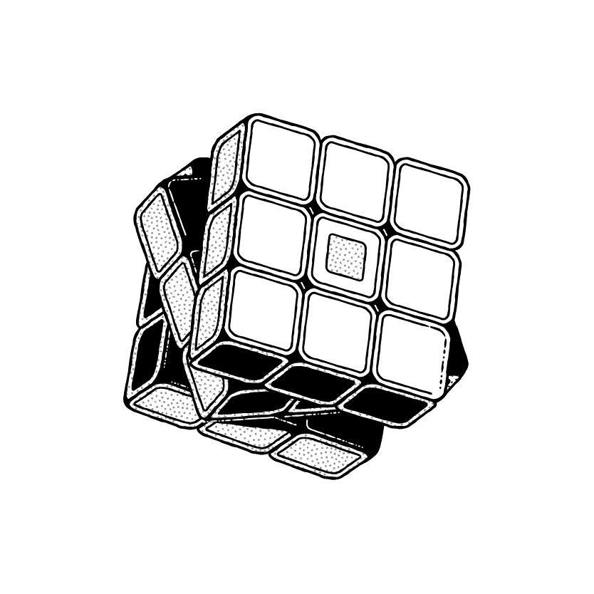A line drawing of a partially solved Rubik's Cube with some rows misaligned, highlighting about NJI's intricate problem-solving approach. The cube features a 3x3 grid on each visible face, and the illustration has a stylized, sketch-like quality with shading to create a sense of depth.