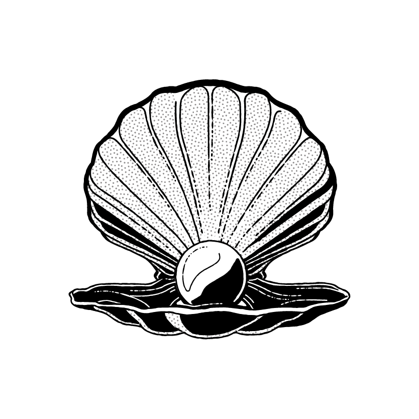 A detailed black and white illustration of an open clam shell with a pearl inside, akin to the approach NJI takes in public affairs strategy. The clam shell has a fan-like arrangement of ridges, and the pearl sits at the center of the shell's base. The background is plain black.