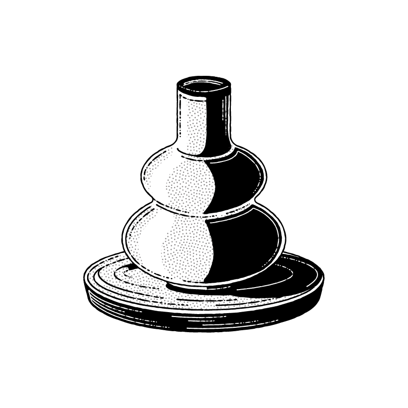 A line drawing of a gourd-shaped vase with a narrow neck and two bulging sections, sitting on a round, flat base. The illustration is set against a solid black background with white stippling and crosshatching for shading and texture, reflecting our NJI story to captivate international clients.