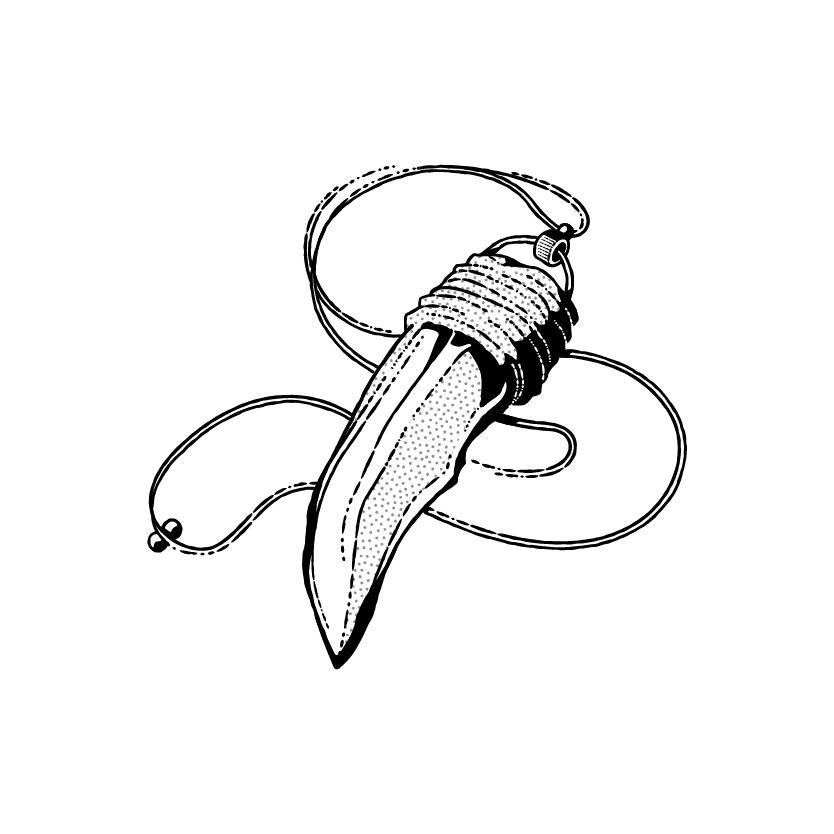 A black and white illustration of a knife with a sharp, curved blade and a handle wrapped in cord. The distinctive curve and pointed tip stand out against the solid black background, highlighting its details. This piece could be a pivotal element in an NJI story for international clients, adding depth to the narrative.