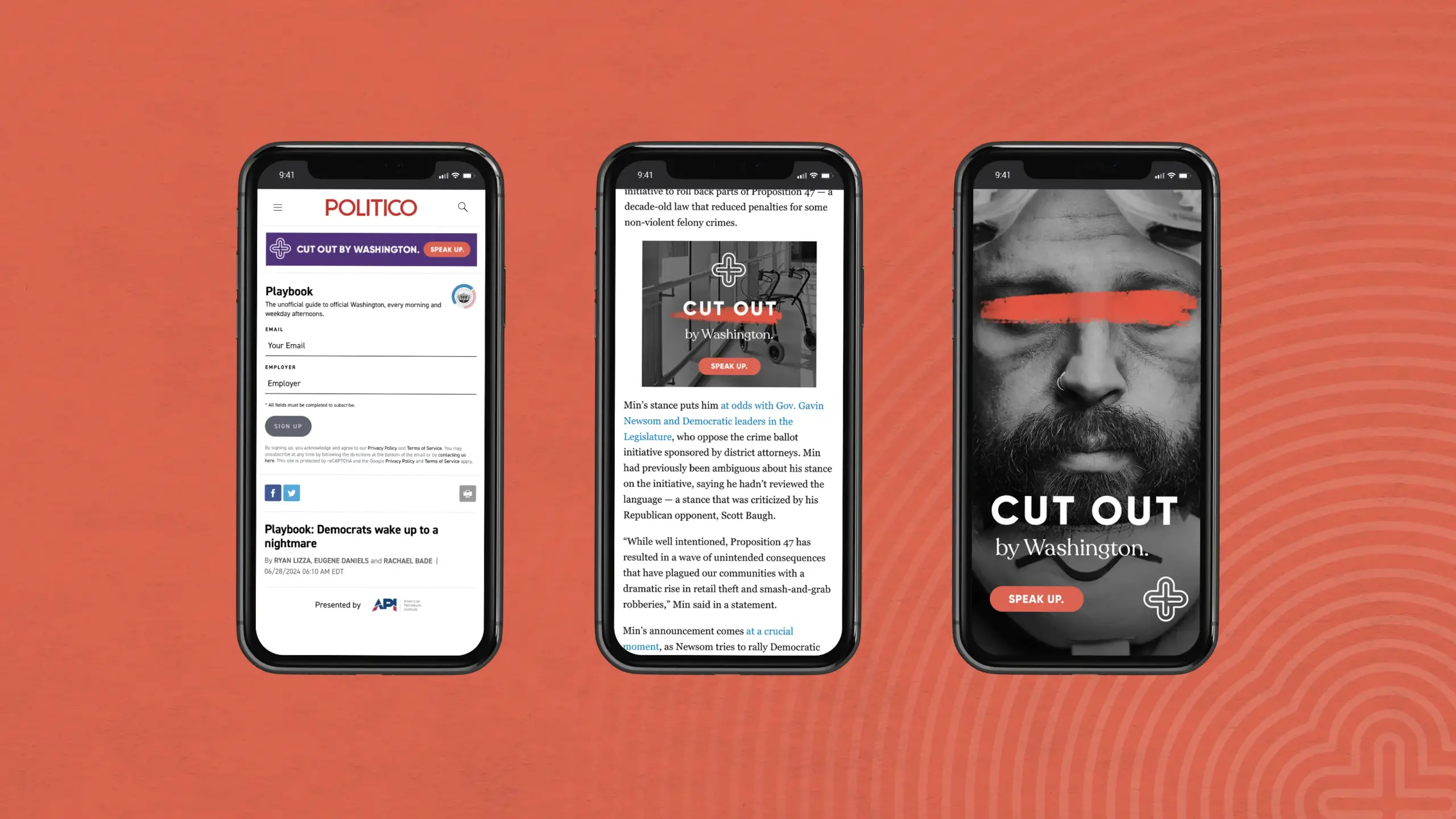 Three smartphones display different screens against an orange backdrop. The first phone shows a Politico article list, the second displays the Cut Out page with an article on wealth disparity, and the third features the Cut Out podcast cover art with a monochrome portrait—each a testament to modern policy communication.