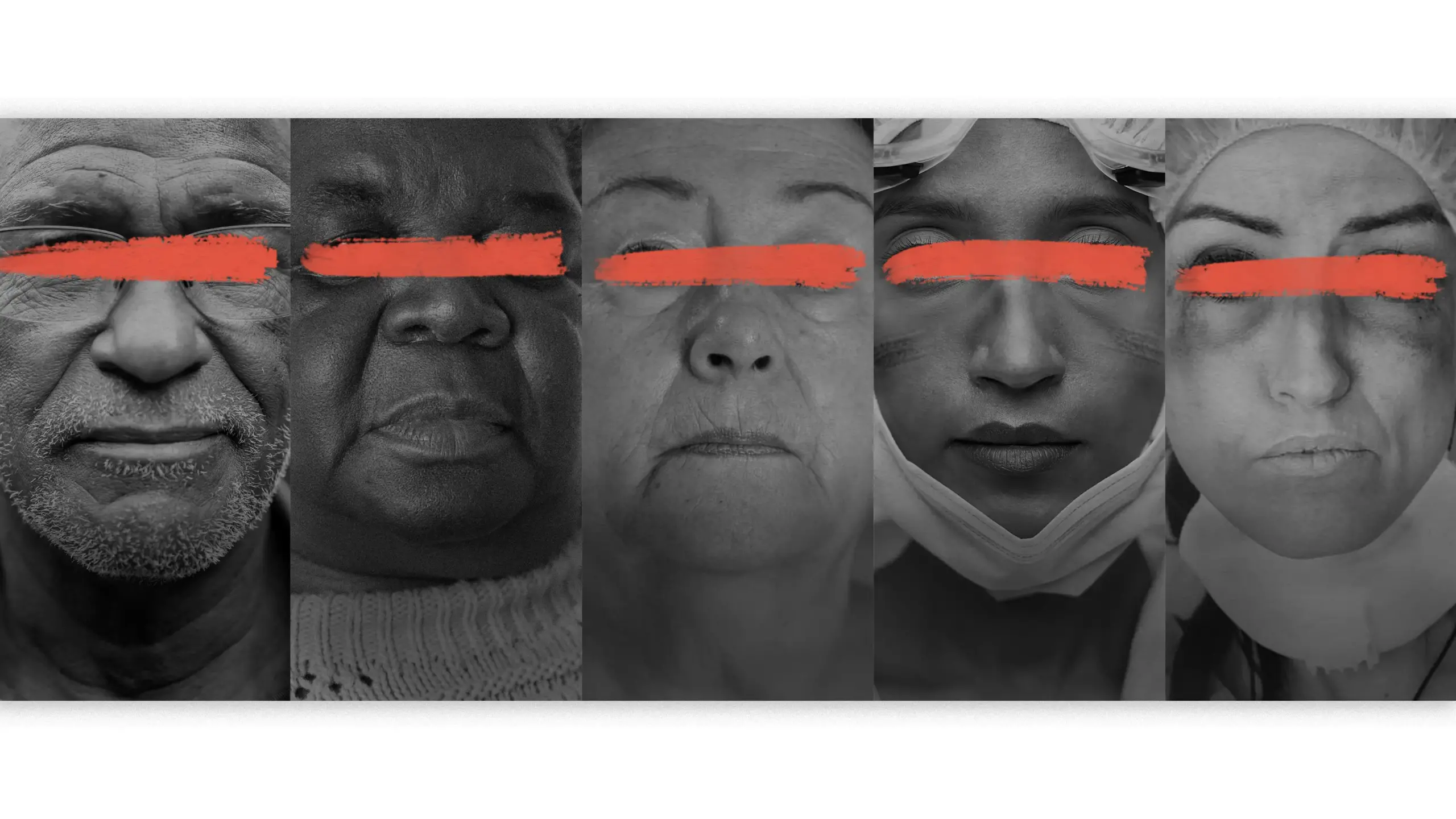 A black and white image features five people of diverse backgrounds side by side, with a red horizontal brushstroke obscuring their eyes. Each person displays a neutral expression, appearing to range in age and occupation, symbolizing the unity in health care advocacy campaigns.