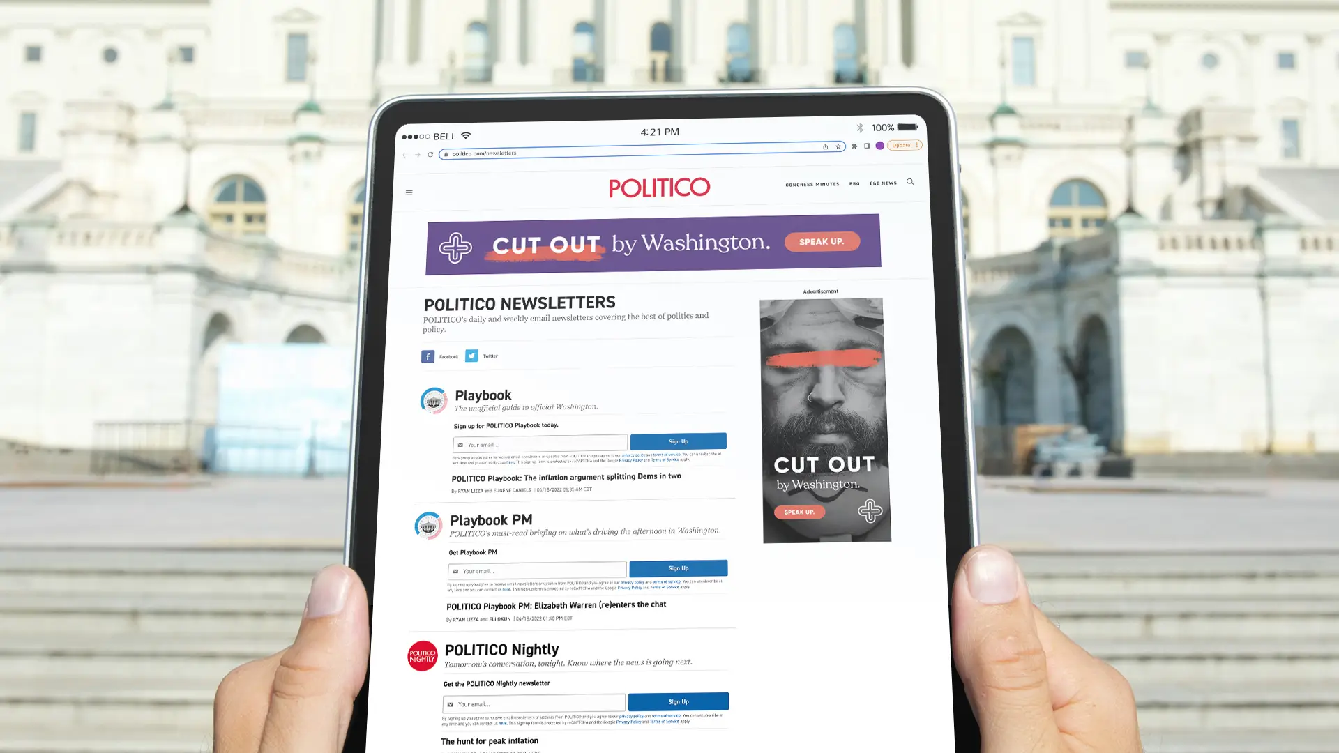 A person holds a tablet displaying the POLITICO website, showcasing newsletters like Playbook, Playbook PM, and POLITICO Nightly. The background includes blurred architecture, suggesting an outdoor location in front of a significant building—perfect for those engaged in rapid-response campaigns or health care advocacy.