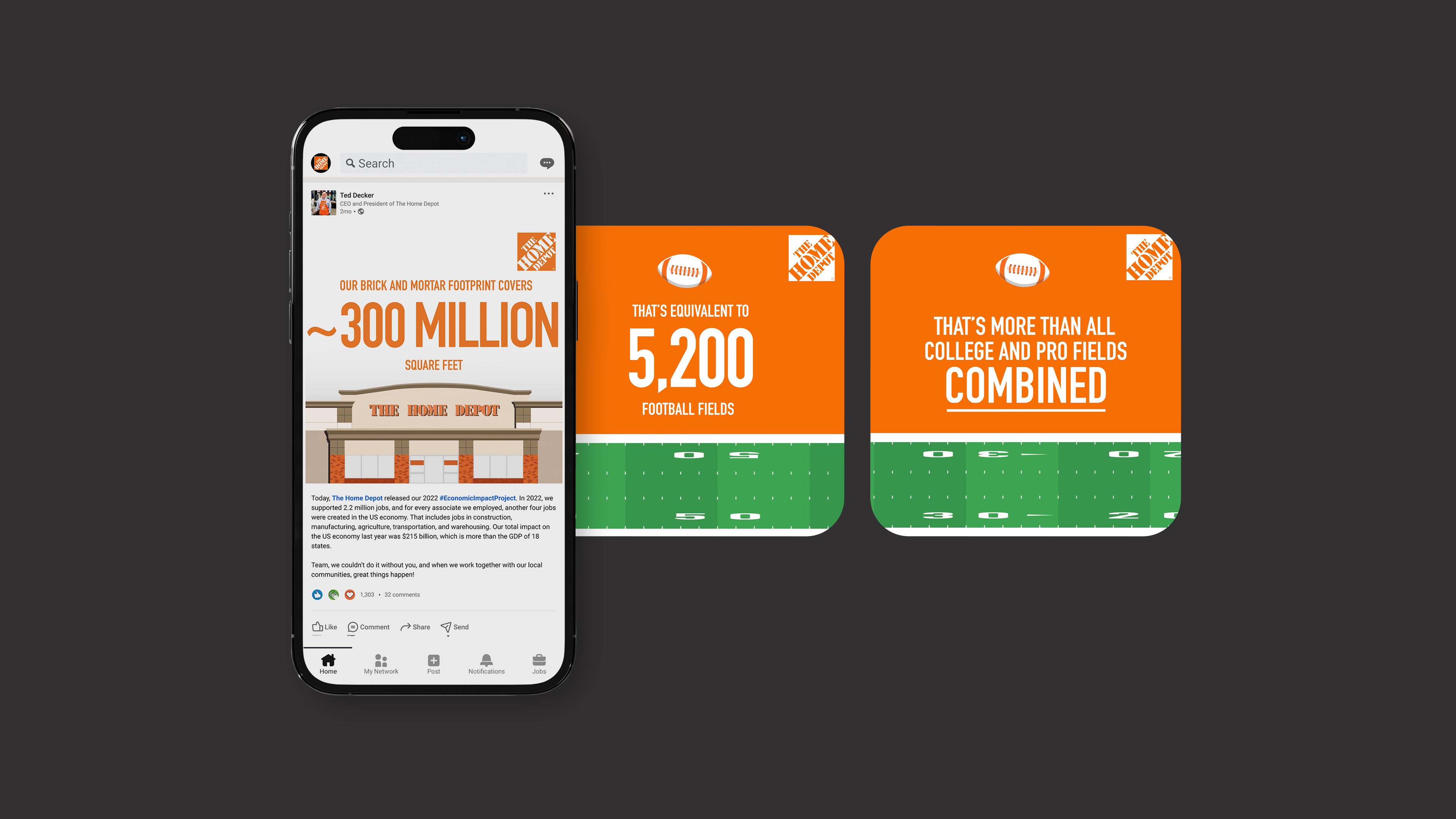 A smartphone displays a post with an infographic from Home Depot highlighting their brick and mortar footprint covering around 300 million square feet. Adjacent graphics translate this size to approximately 5,200 football fields, exceeding all college and pro fields combined.