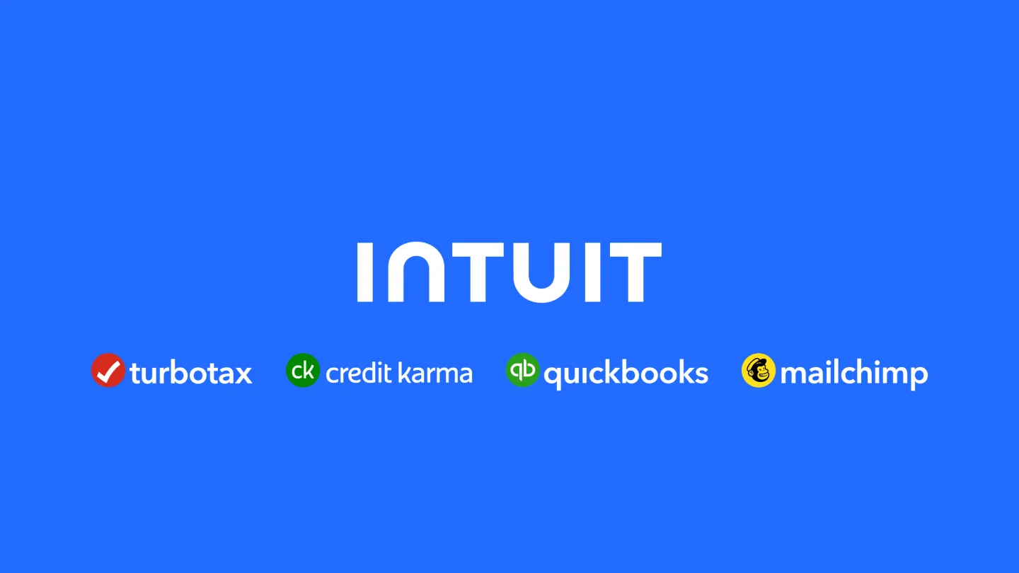 A blue background features logos of Intuit and four of its products. The logos are, from left to right: TurboTax (green and red check mark), Credit Karma (green initials "ck"), QuickBooks (green "qb" in a circle), and Mailchimp (yellow monkey face).