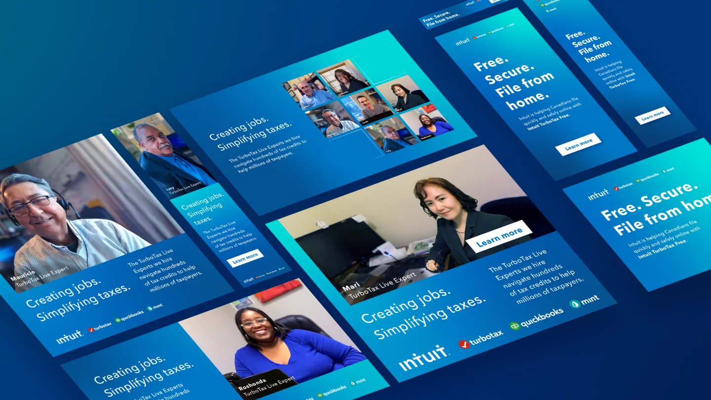 A collage of six promotional images for Intuit, featuring diverse individuals smiling and working at home. Text emphasizes themes of job creation, tax simplification, and secure remote filing. Included logos are for Intuit, TurboTax, QuickBooks, and Mint.