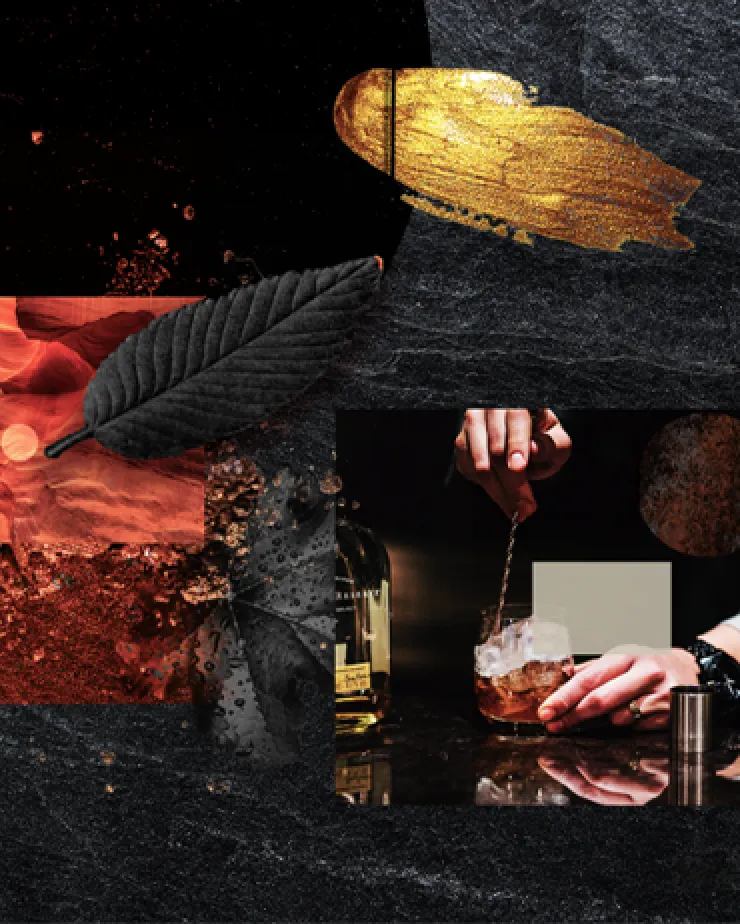 A collage features a gold brush stroke, a black leaf, abstract reddish textures, and a person's hands stirring a drink in a glass with a spoon. The overall aesthetic is dark and luxurious, subtly evoking the urgency of a rapid-response campaign.