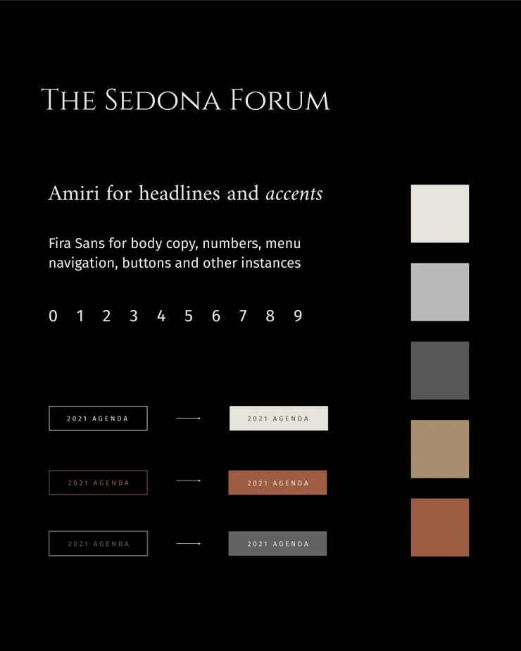 A style guide for "The Sedona Forum" showcasing fonts and color swatches tailored for advocacy campaigns. Headings use Amiri, body copy uses Fira Sans. The color palette includes shades of gray, beige, and orange. Examples of agenda formats demonstrate versatility with different background colors.