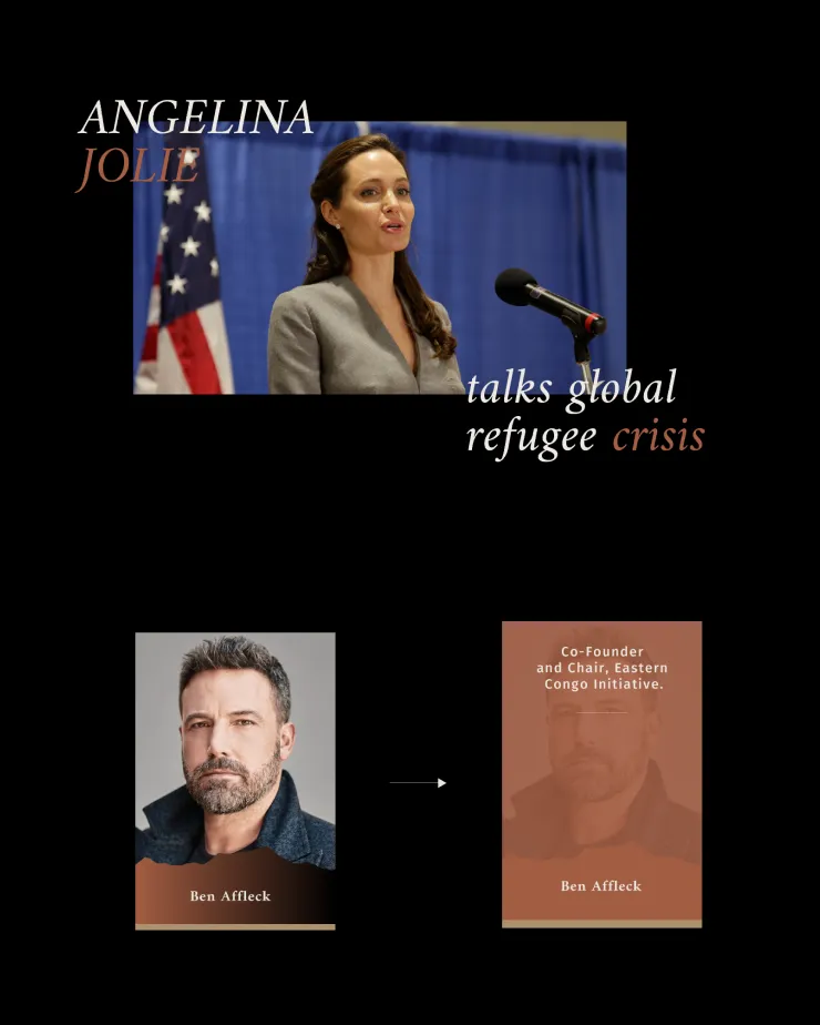 A woman stands and speaks at a podium with a microphone, an American flag in the background. Below that, a headshot of a man introduces him as the co-founder of an advocacy campaign, followed by another image of the same man with text overlay.