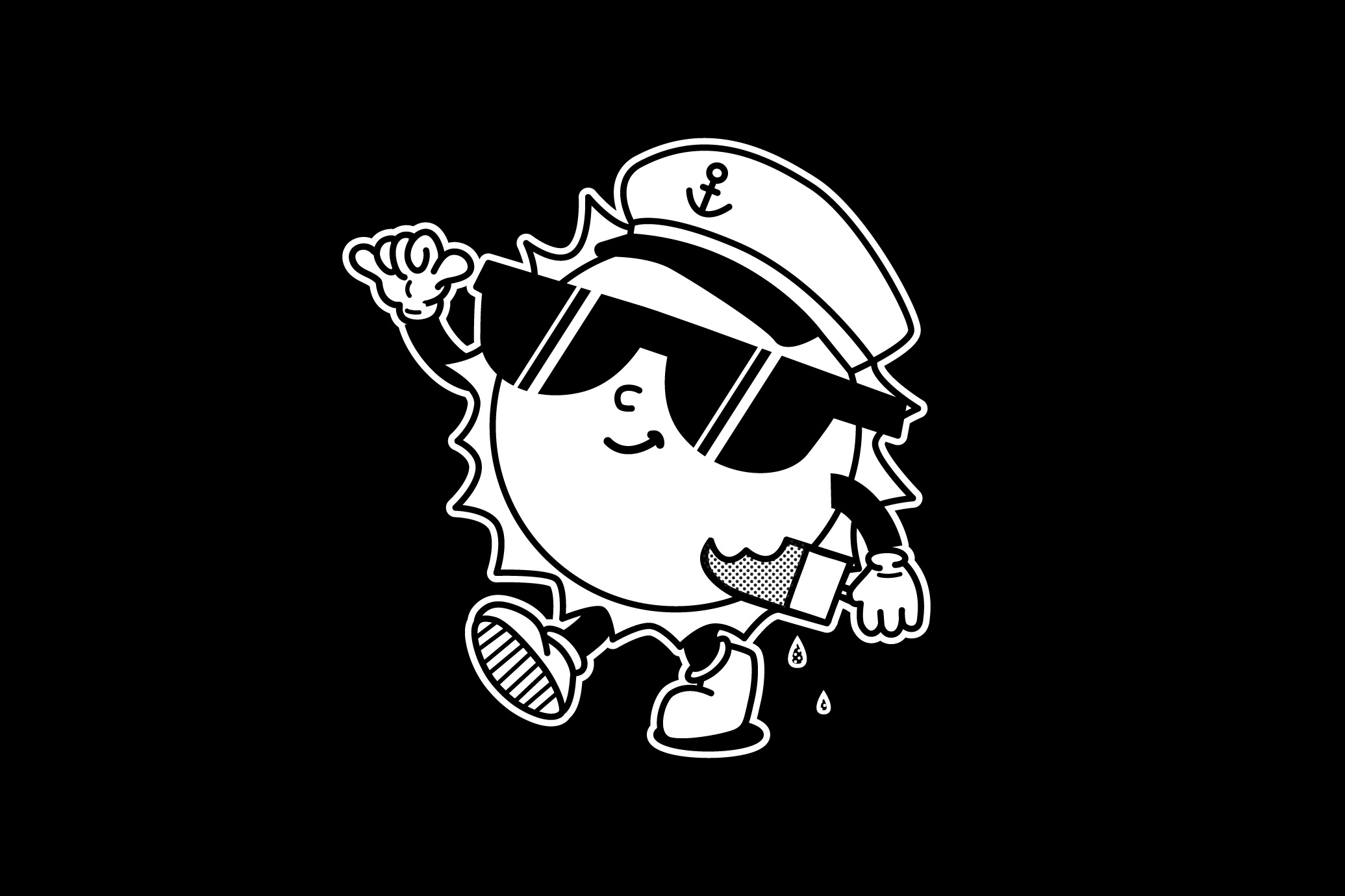 A black and white illustration of a cheerful sun character wearing sunglasses and a sailor hat. The sun has a smile, holds an ice cream cone, and is walking with one arm raised. The background is plain black.