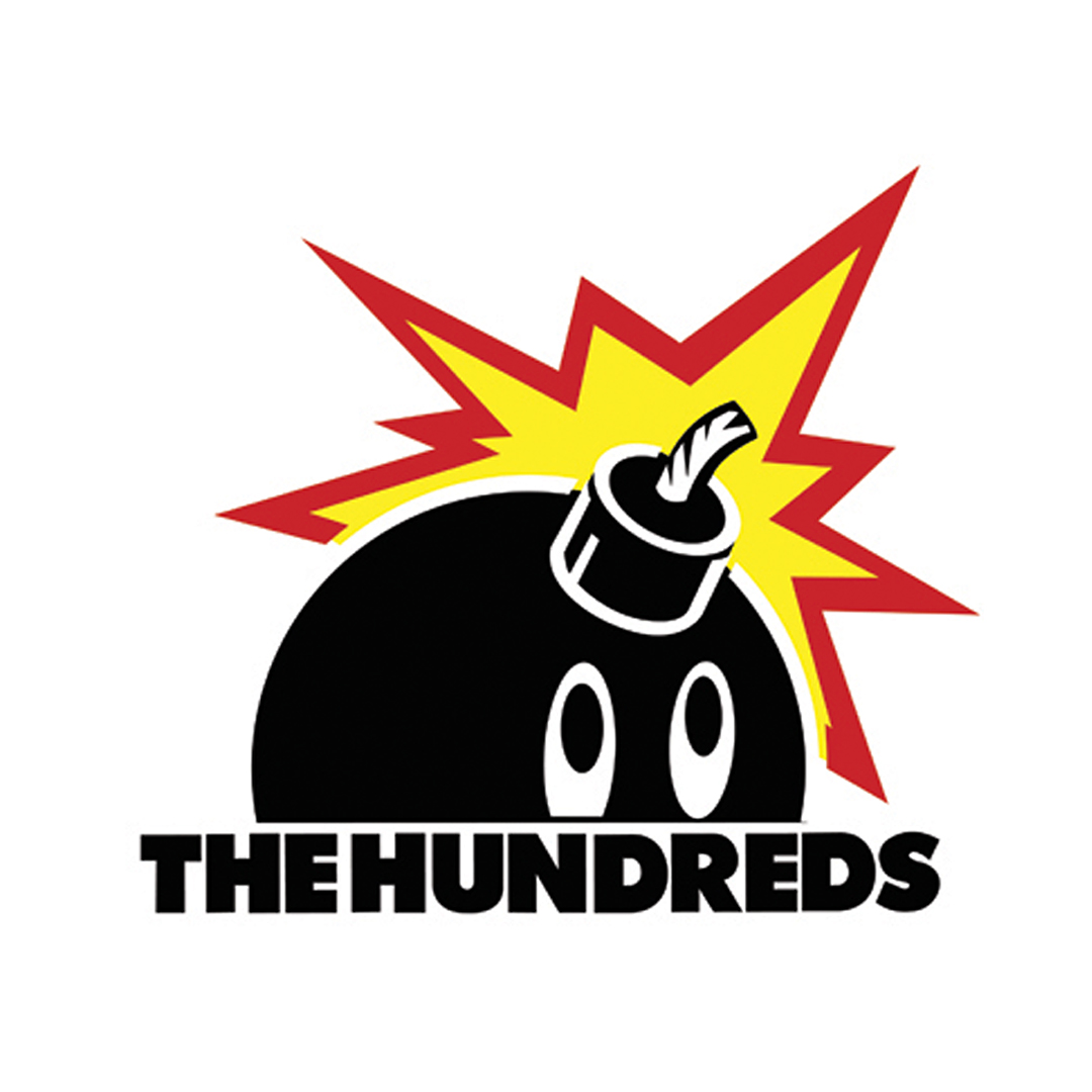 Logo featuring a black cartoon bomb with a lit fuse and a surprised expression. The bomb has bold white eyes and a yellow burning fuse, set against a red and yellow burst. Below the bomb, the text reads "THE HUNDREDS" in black, bold capital letters.