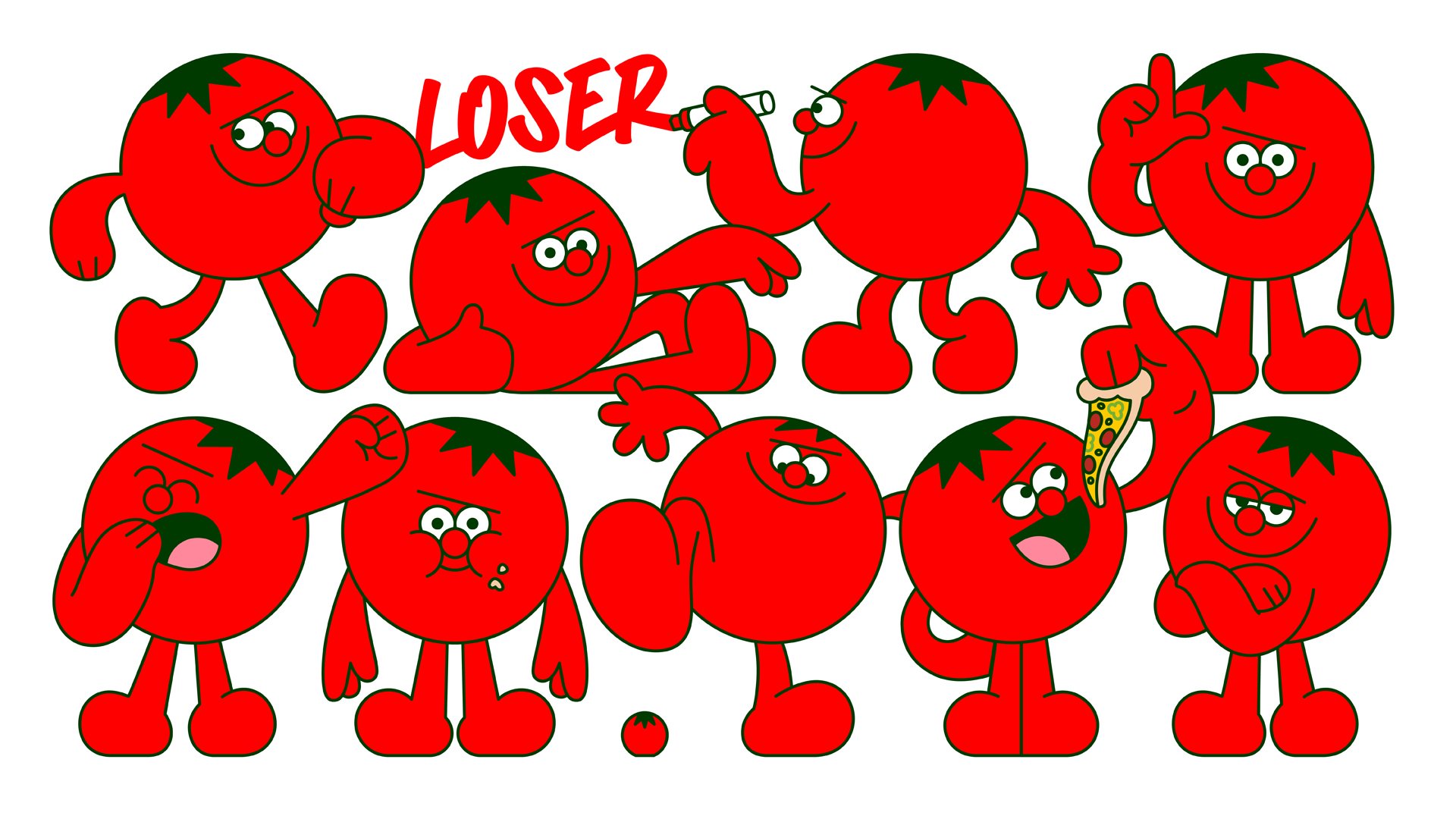 A collection of cartoon tomatoes with various facial expressions and actions. One tomato is writing "LOSER" on another tomato's forehead. Others show emotions like laughter, confusion, anger, and contentment, with one tomato holding a slice of pizza.