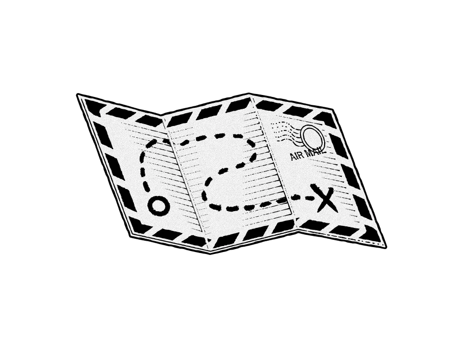 A black and white illustration of a folded map with dotted lines leading from a circle on the left to an "X" on the right. The map resembles an airmail letter, featuring a postage stamp and striped edges, ideal for agency branding with its dynamic animation and movement.