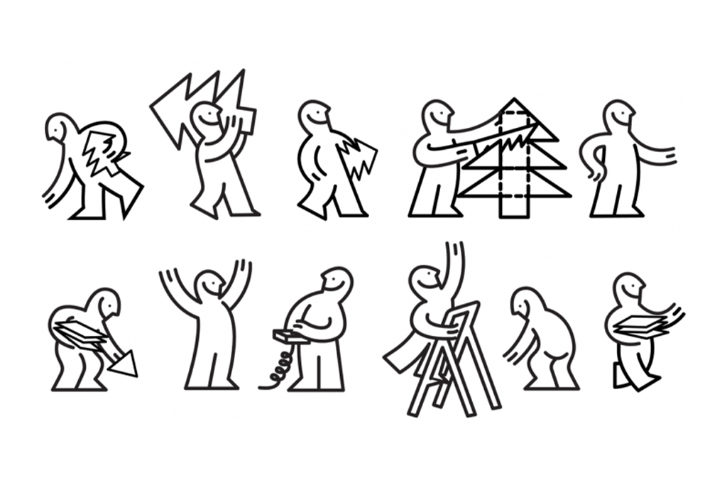 A black and white line drawing sequence of ten abstract human-like figures performing various tasks related to cutting and decorating a Christmas tree. The tasks include sawing, carrying, setting up the tree, adding lights, and placing an ornament on top.