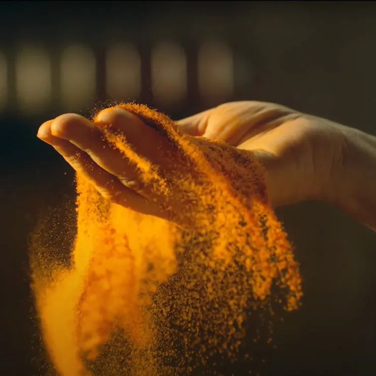 A hand gently sifting golden sand through its fingers, with sunlight highlighting the grains as they fall. The background is softly blurred, giving a warm, ethereal feel to the image.