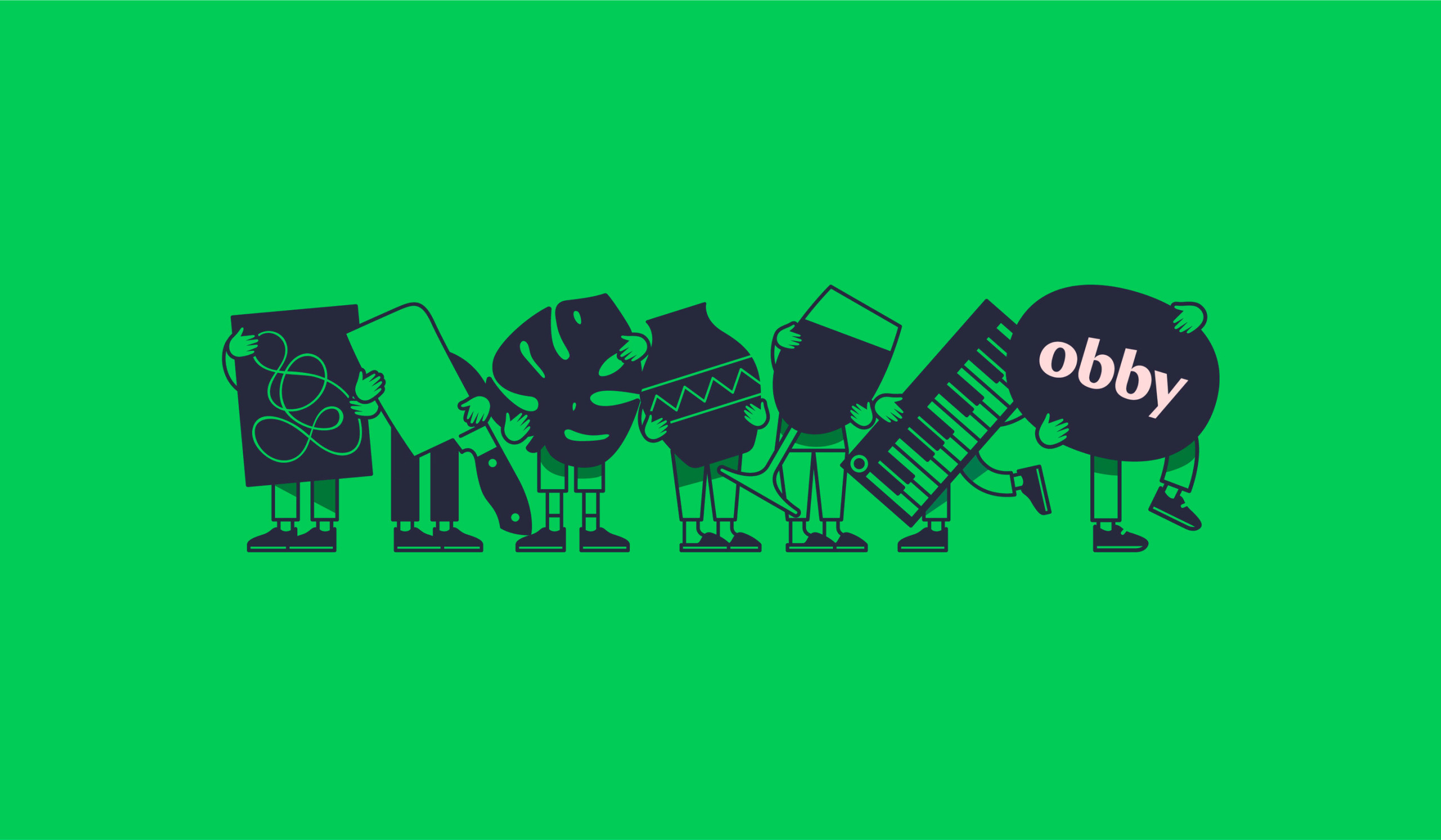 A group of whimsical characters, each holding different shapes and objects, stands against a vibrant green background. One character holds a sign that reads "obby." They all wear uniforms and have oversize props in front rather than heads or faces.