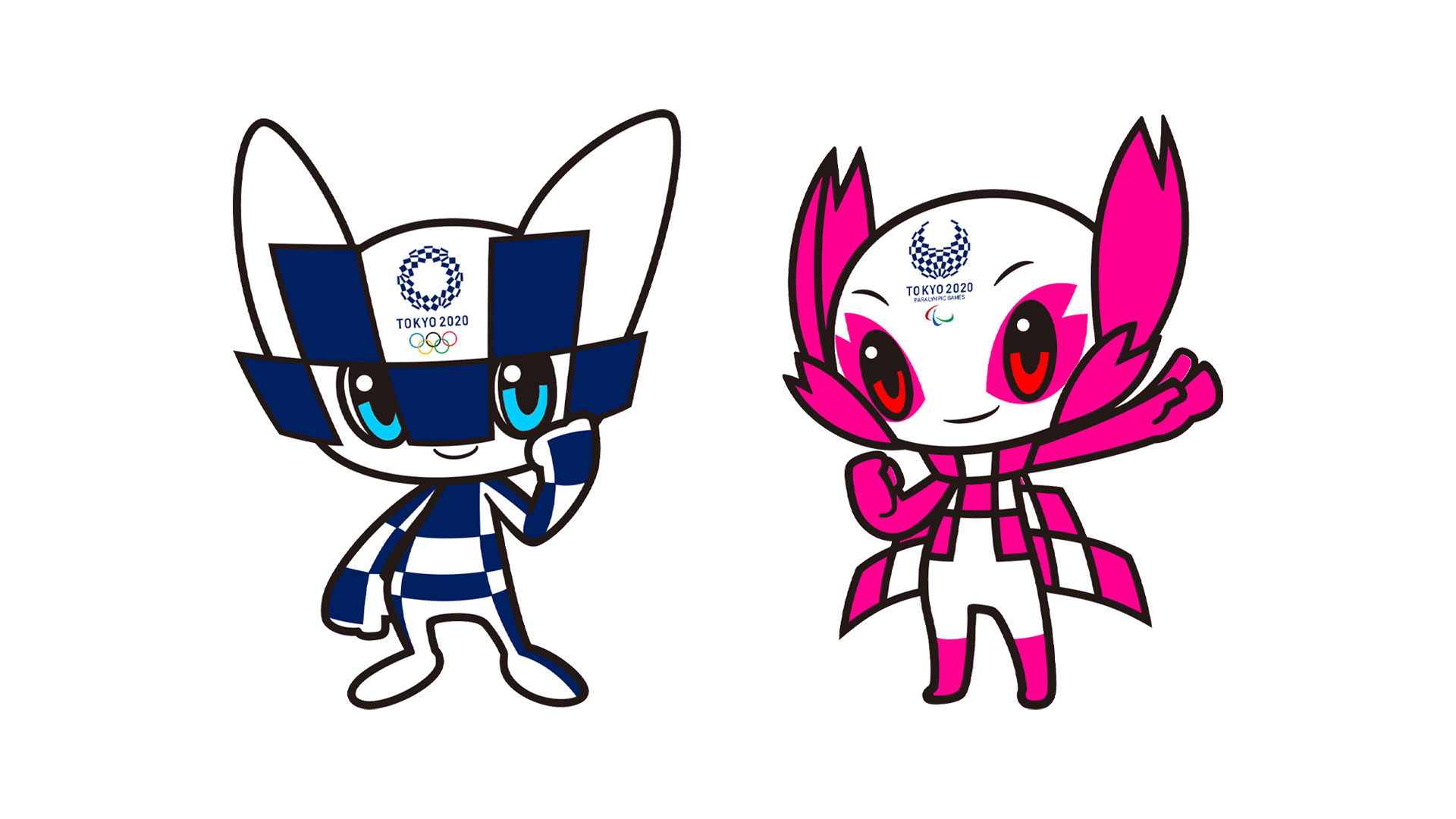 The image features the official mascots of the Tokyo 2020 Olympics and Paralympics. The left mascot is a blue and white checked character with large ears and a confident pose. The right mascot is a magenta and white character with a playful, energetic stance.