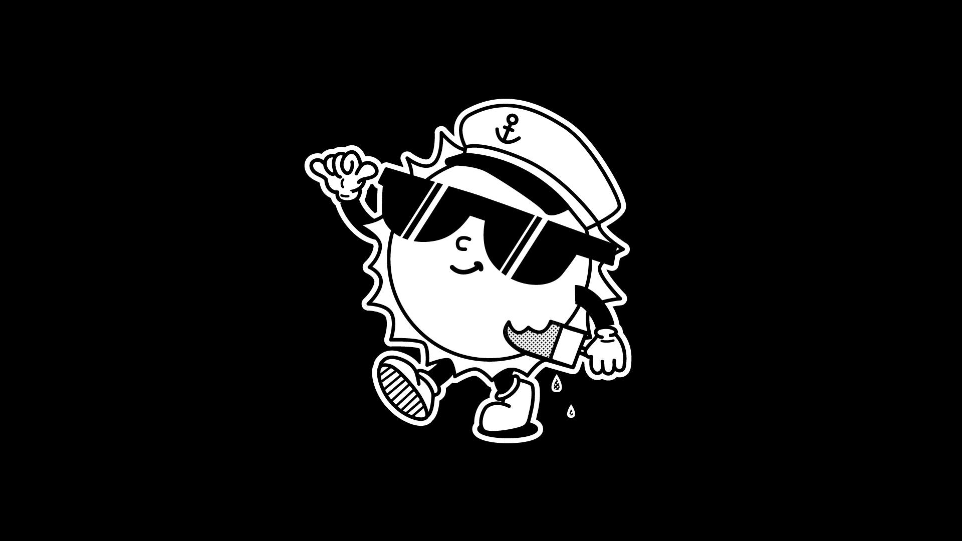 Black and white illustration of a smiling sun character wearing sunglasses and a sailor hat with an anchor emblem. The sun has small arms and legs and is holding a melting ice cream cone in one hand while giving a thumbs up with the other.