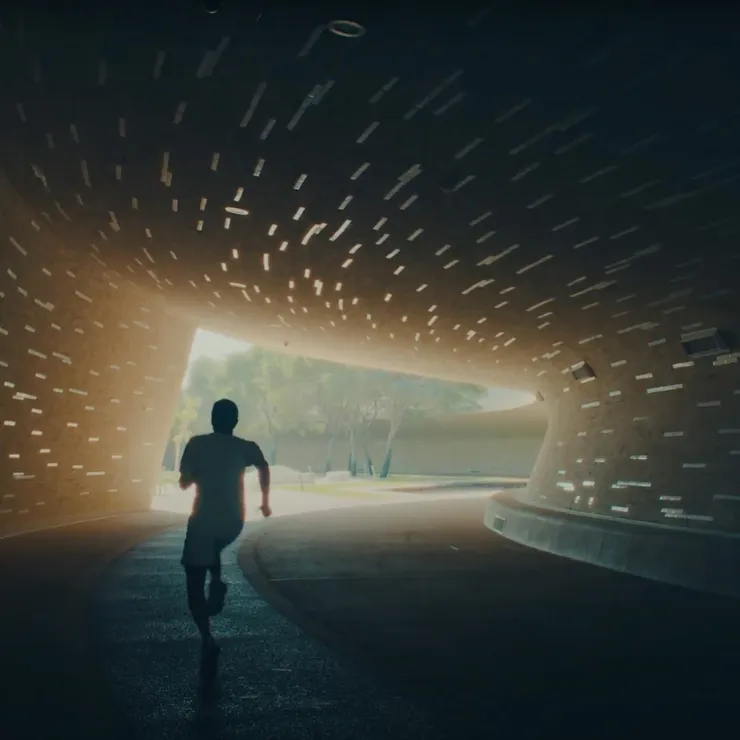 A person runs through a tunnel with perforated walls, allowing beams of light to shine through, creating a pattern on the path. In the background, sunlight filters into the tunnel entrance, illuminating trees and greenery outside.