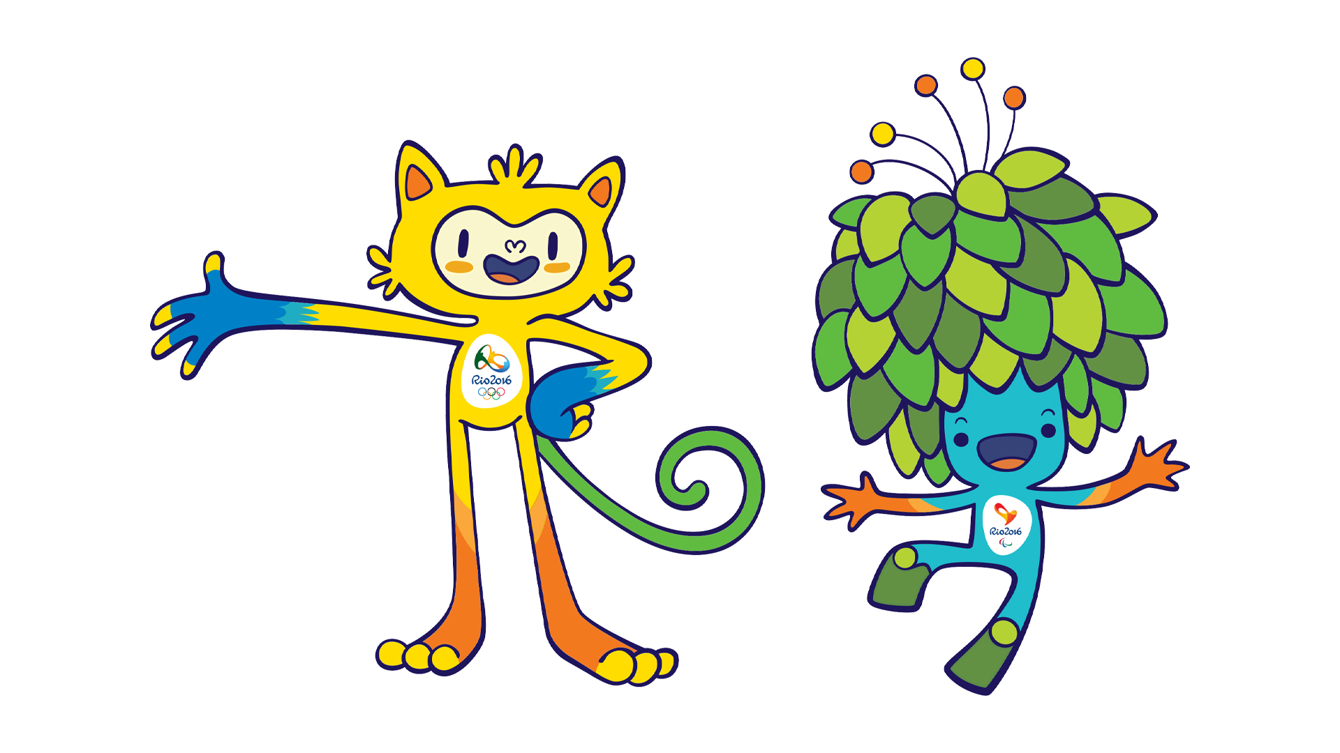 Two colorful animated mascots are depicted. On the left is a yellow, green, and blue monkey-like character with a swirling tail and a heart-shaped nose. On the right is a green leafy character with a big smile, blue skin, and protruding antennae. Both have "Rio 2016" logos.