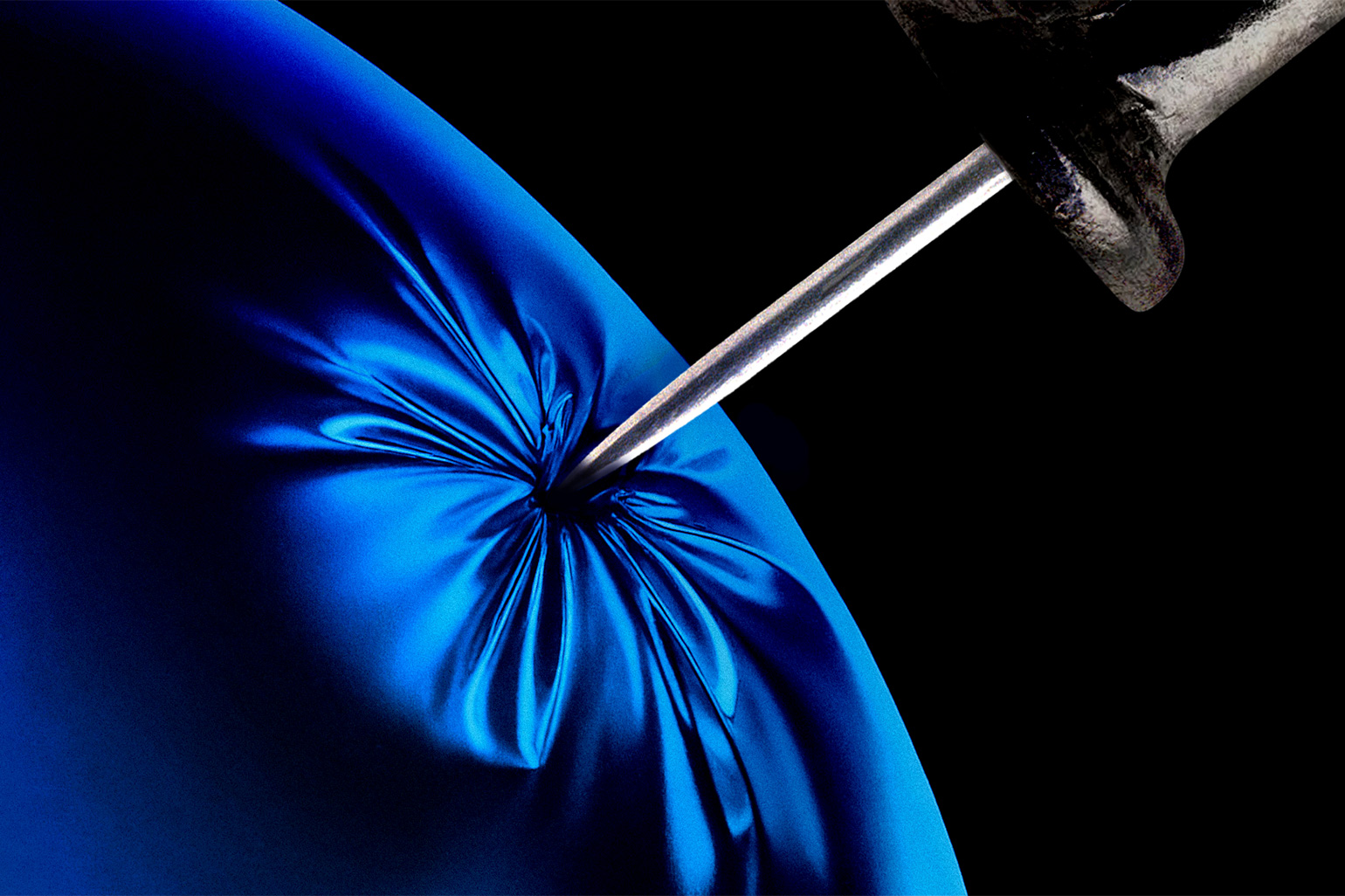 A close-up image of a blue balloon being pierced by a sharp pin, symbolizing the burst of brand myths. The balloon surface visibly wrinkles and stretches at the point of contact. The black background highlights the dramatic contrast between the balloon and pin, underscoring this moment of revelation.