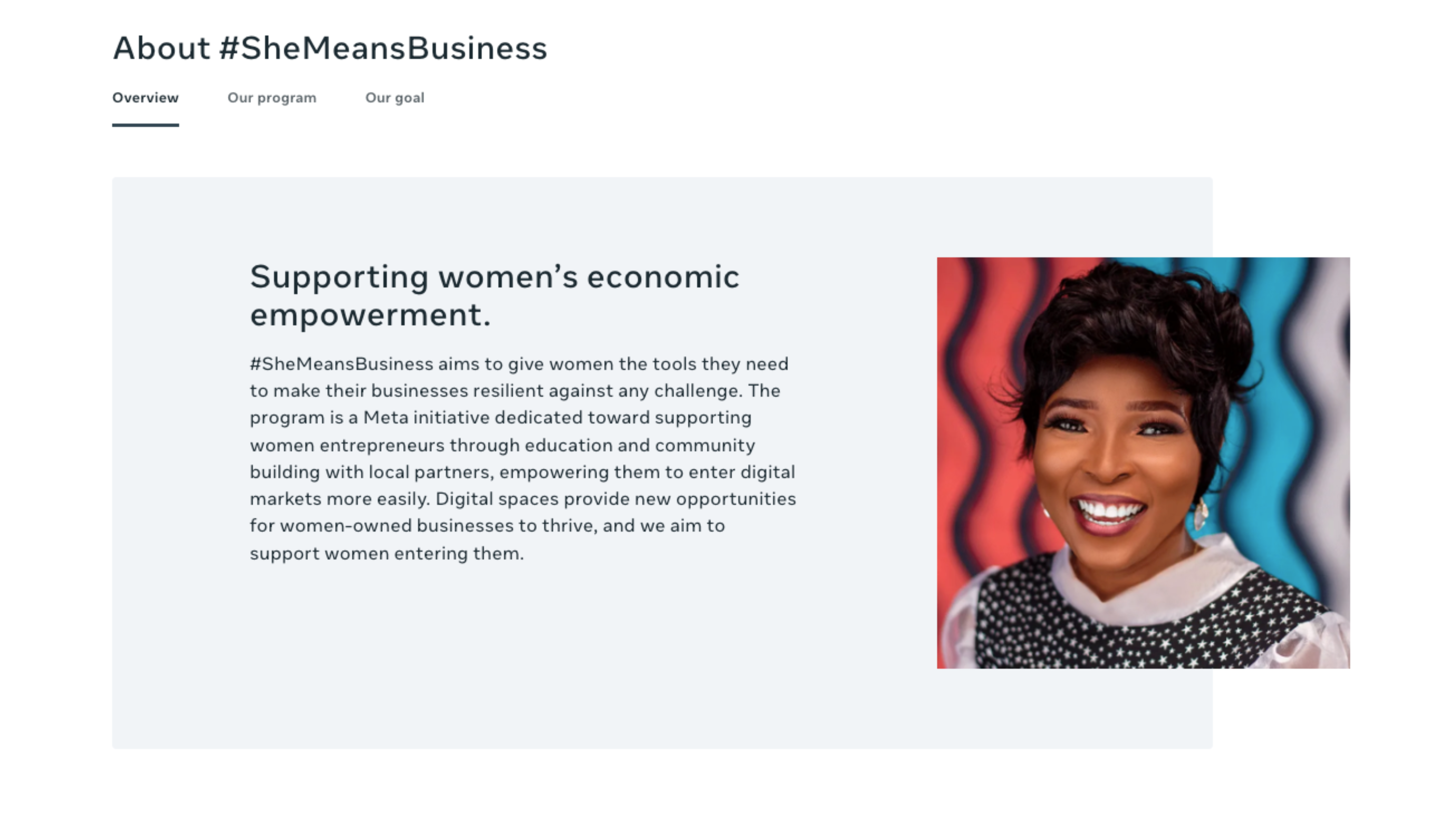 A website section titled "About #SheMeansBusiness" features an image of a smiling woman on the right. The responsive carousel design on the left describes the program's aim to empower female entrepreneurs through education and community support, enhancing user engagement through interactive elements.