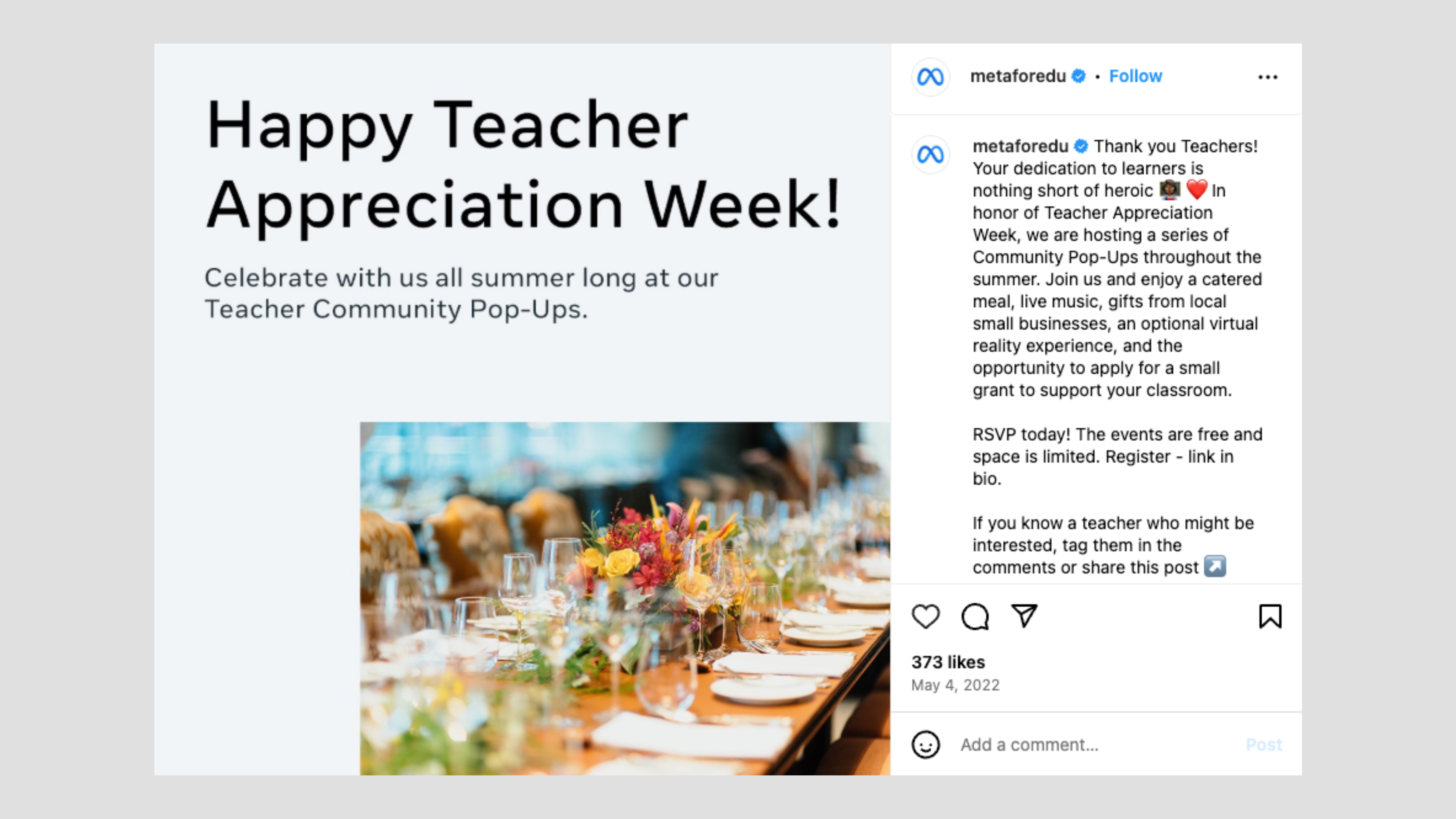 Join metaforedu in celebrating Teacher Appreciation Week! Our post showcases a beautifully decorated table ready for a catered meal, highlighting community events and teacher support programs. Visit our site featuring interactive website elements and tag your favorite teachers in the comments!