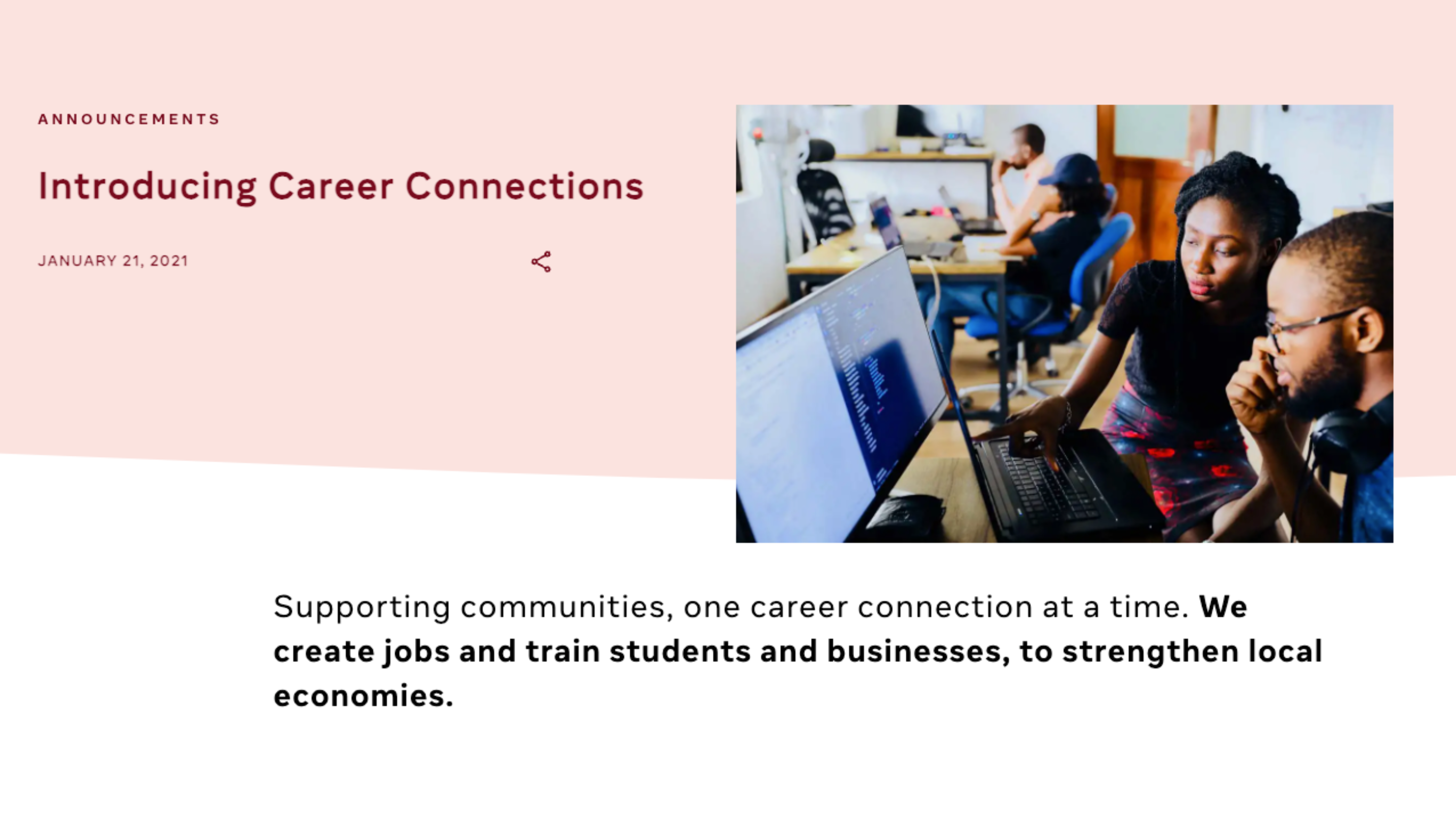 A woman works at a computer in an office, with others in the background. Text reads: "Introducing Career Connections," dated January 21, 2021. Caption: "Supporting communities through an interactive website and responsive carousel design, one career connection at a time.