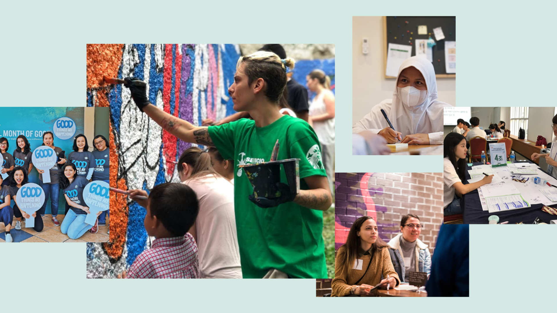 Collage of community service activities featured on an interactive website: people painting a mural, a group holding "Month of Good" signs, a woman in a headscarf writing, and individuals engaged in group discussions and projects. Experience it all through our responsive carousel design.