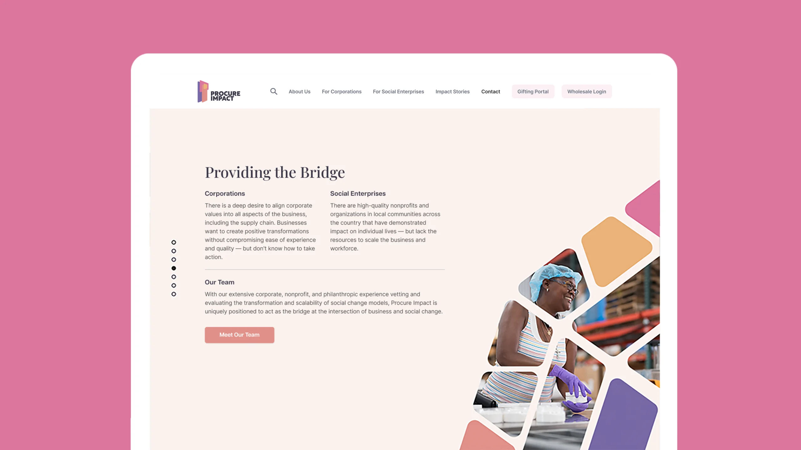 A web page titled "Providing the Bridge" skillfully combines website design that empowers communities with sections for corporations and social enterprises. A mosaic on the right displays a photo of someone working outdoors. The page is artfully adorned in a pink and cream color scheme.