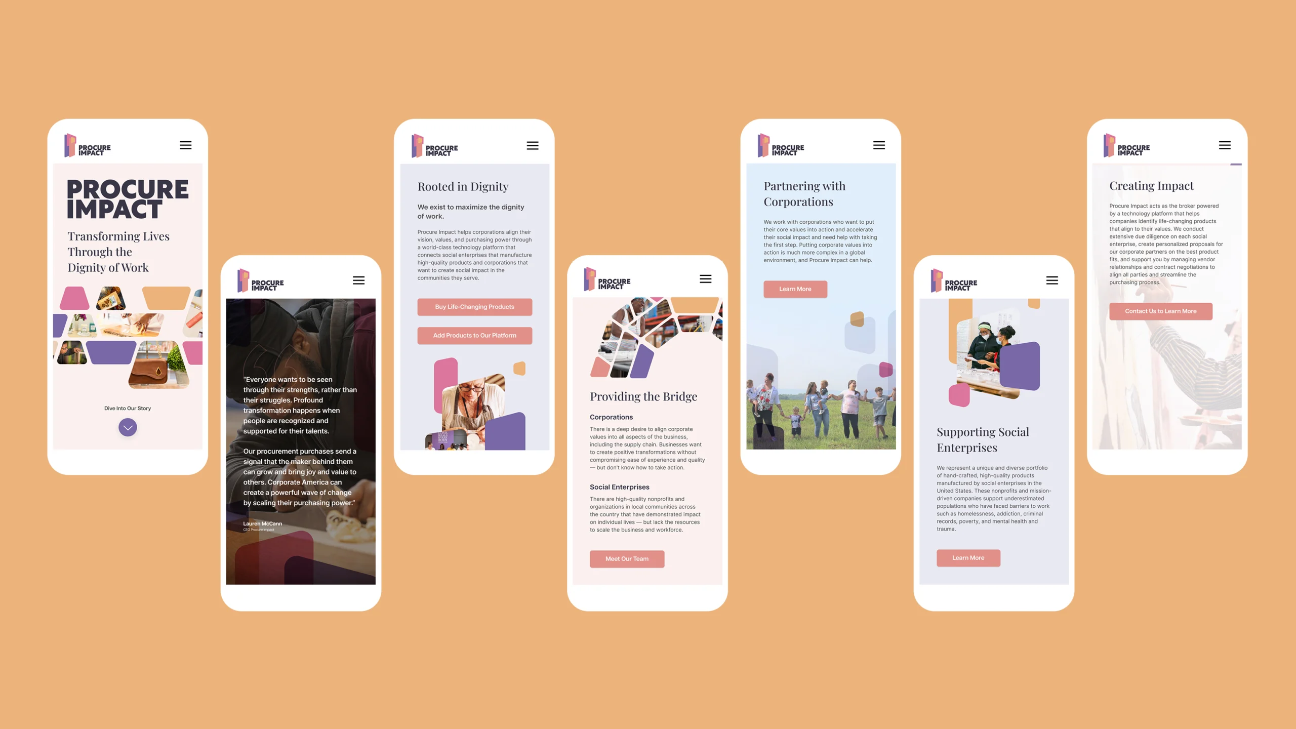 A display of six smartphones showcases different pages of a website, unified in design. Each screen features text and images on topics like equity, partnerships, and social enterprises, crucial for retail activation efforts. The vibrant orange background enhances the cohesive website design.