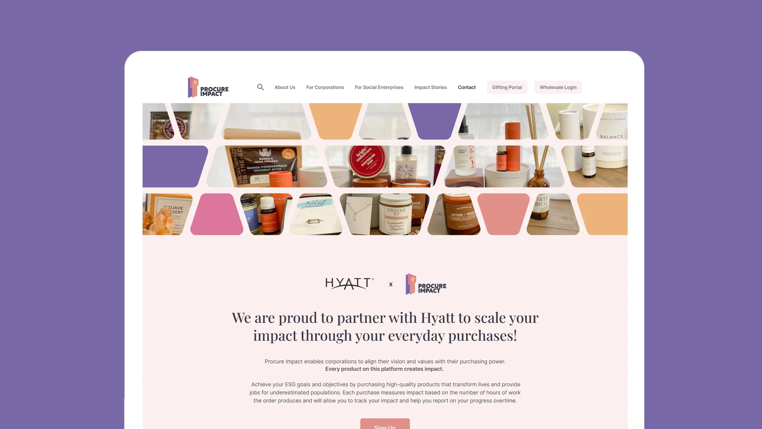 Screenshot of a website homepage highlighting a partnership between Hyatt and a charitable initiative, featuring thoughtful website design. A collage of beauty products is displayed above text promoting social impact through purchases. The page includes navigation options and a sign-in button.