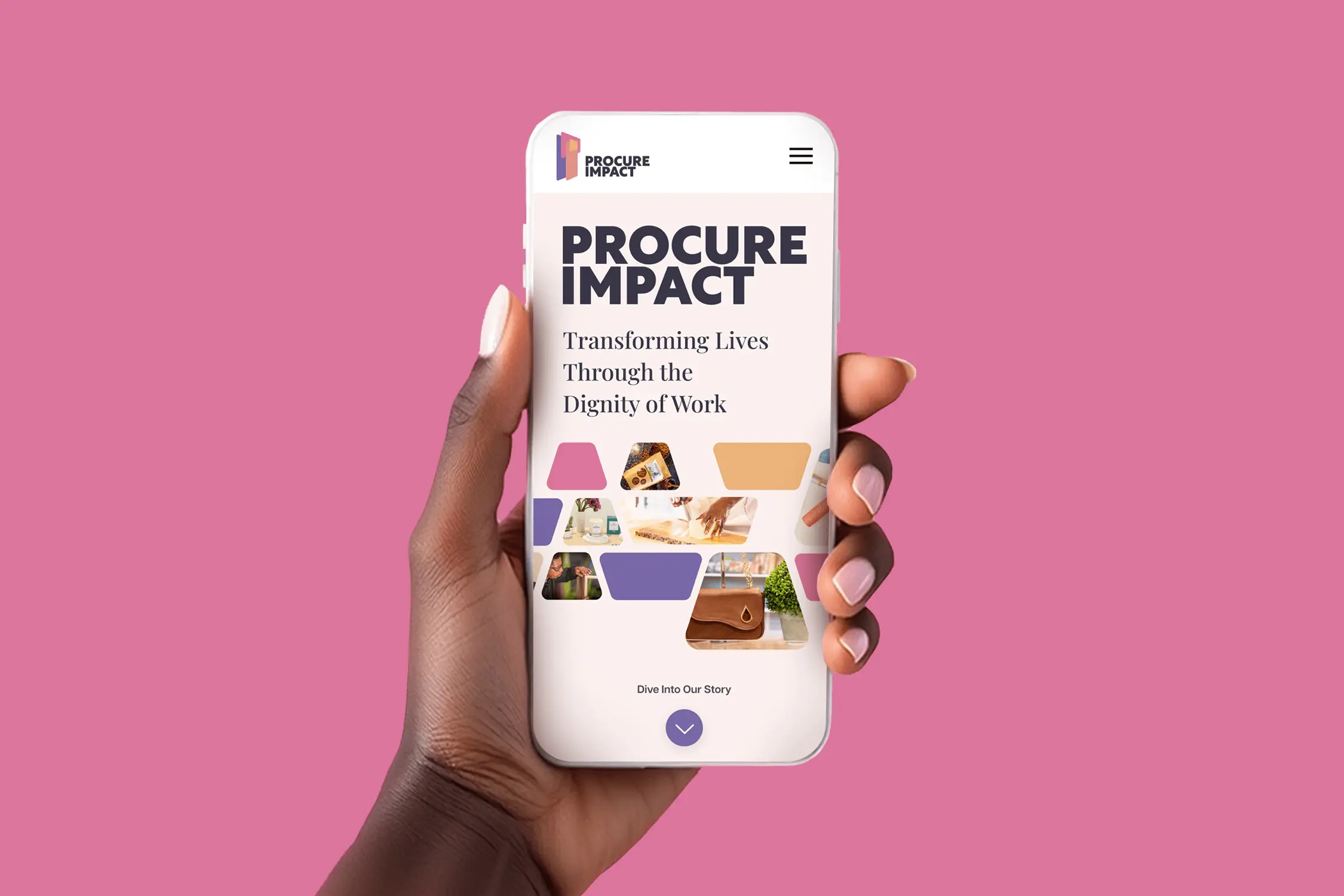 A person holding a smartphone showcasing the Procure Impact website, emphasizing social impact. The screen displays the slogan "Transforming Lives Through the Dignity of Work," with images of crafts and a button labeled "Dive into Our Story." The pink background enhances its vibrant mission.