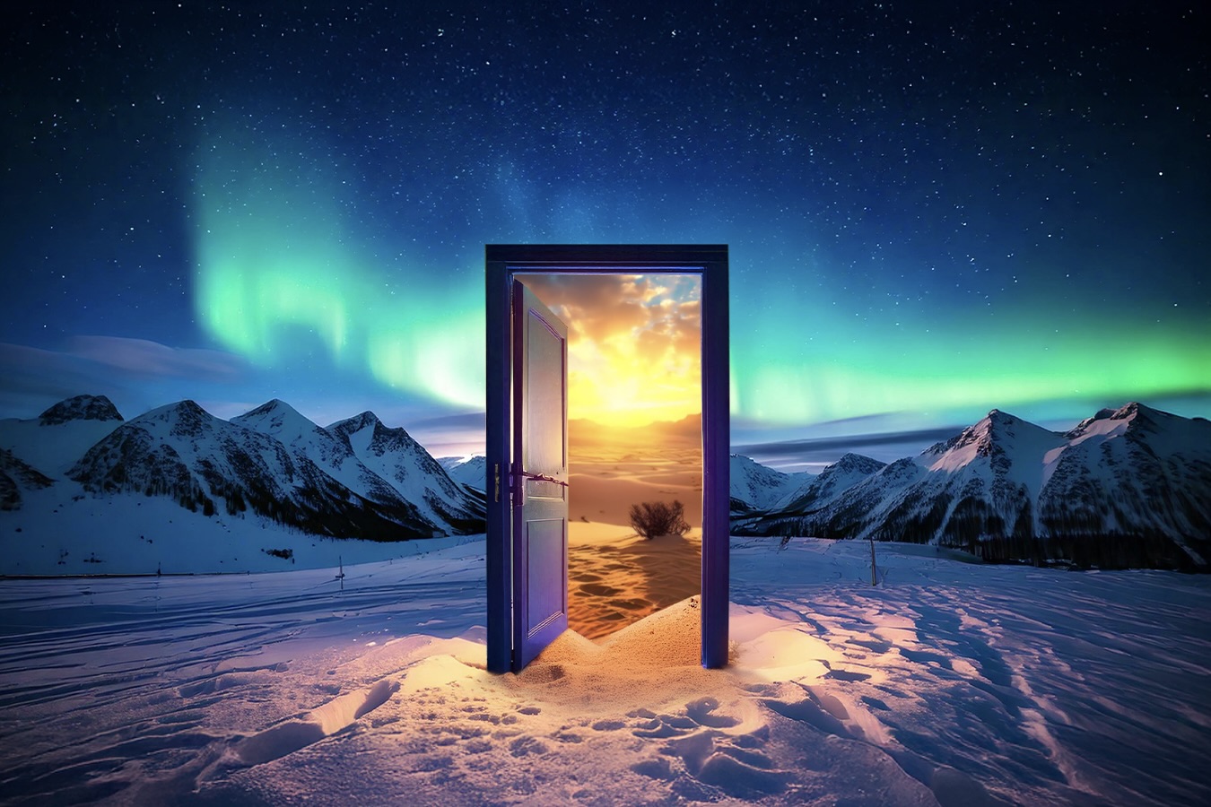 A mysterious blue door stands open in a snowy landscape with northern lights above. Through the door, a sunny meadow with a tree is visible, contrasting the cold, wintry setting outside. Majestic mountains frame the scene under a starry sky.