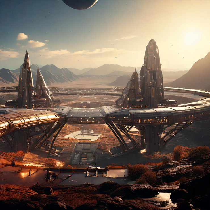 Futuristic cityscape with towering, spire-like structures under a setting sun on an alien planet. A large skybridge curves through the city, surrounded by rugged mountains and pools of water reflecting the golden light.