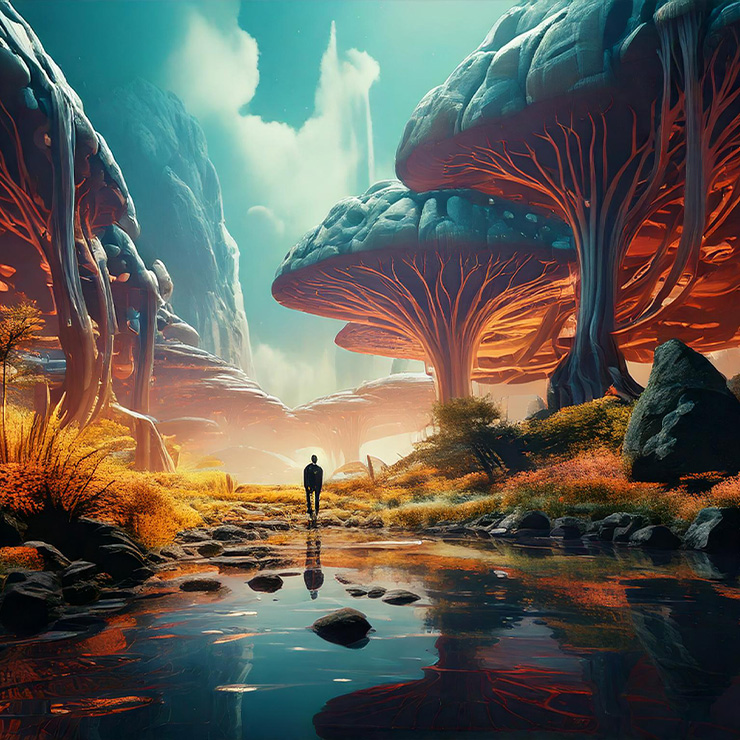 A lone figure walks through a surreal landscape with giant, glowing, tree-like mushrooms and vibrant, colorful foliage. A small stream reflects the fantastical scenery under a cloudy, turquoise sky.