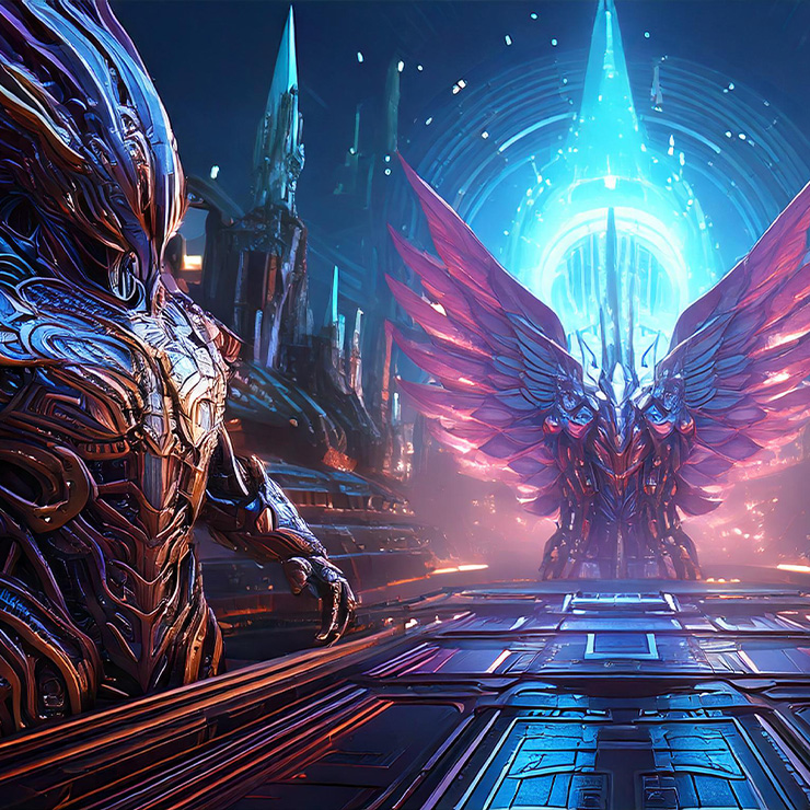 A futuristic scene featuring two armored figures with intricate designs, standing in a high-tech environment. One figure has glowing blue elements, the other has radiant pink wings. A bright light emanates from the background.