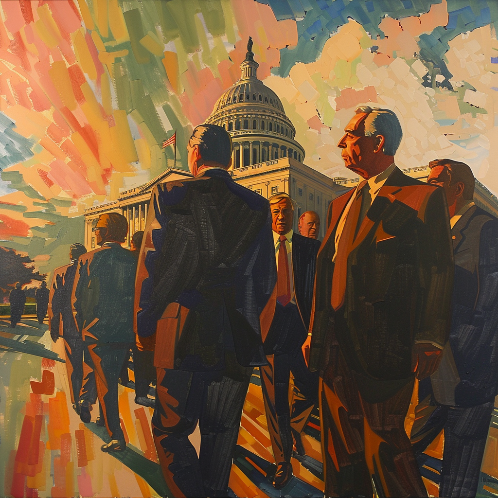 A group of people in business attire walk confidently under a vibrant sky, with the U.S. Capitol building in the background, as if brought to life by generative AI. The scene is painted in a bold, colorful style, emphasizing movement and purpose.