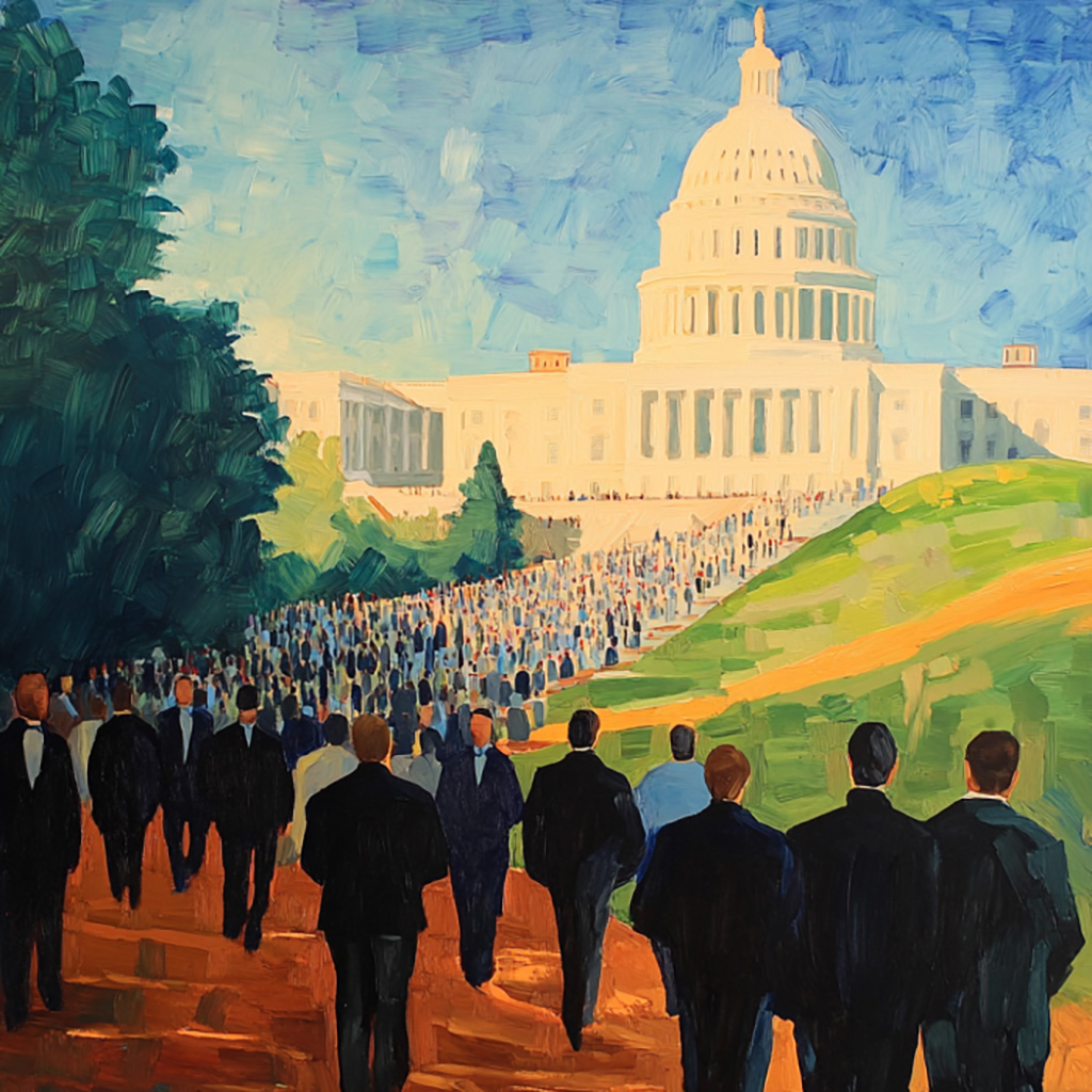 A painting of a crowd in formal attire walking toward a large white-domed building with columns, resembling the U.S. Capitol, unfolds like a scene conjured by generative AI on a sunny day with blue skies and green lawns.