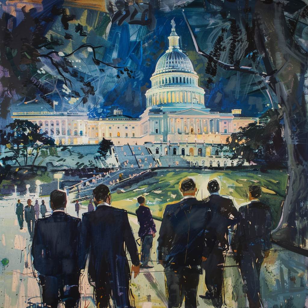 A group of people in suits walk toward the illuminated U.S. Capitol building at dusk, surrounded by dynamic brushstrokes and vivid colors that create a dramatic, artistic effect, as if crafted by Generative AI.