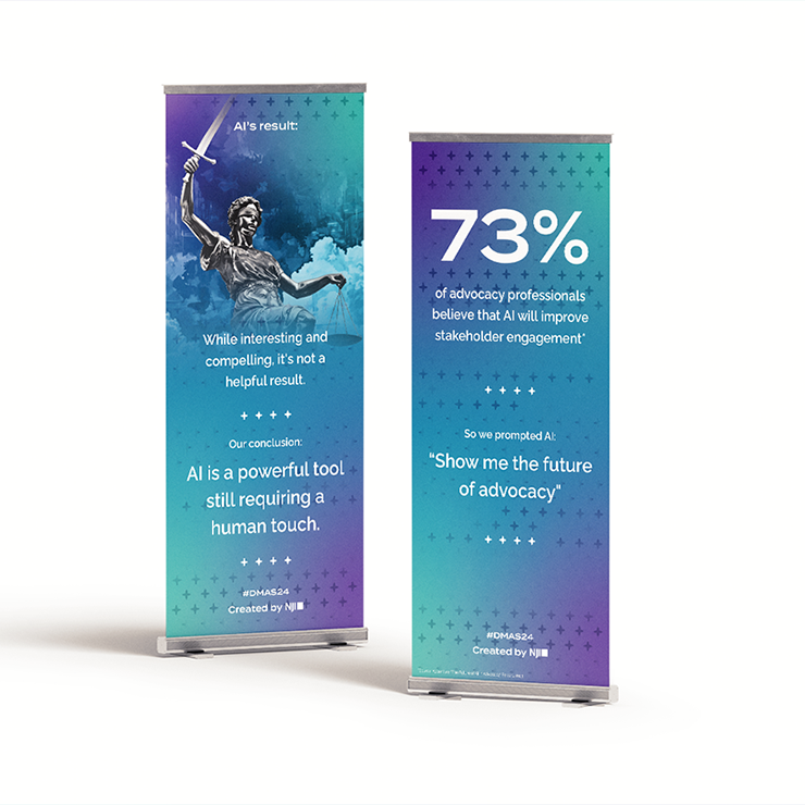 Two banners featuring text and graphics. The left shows a statue and reads, "AI's result: While interesting and compelling, it's not a helpful result." The right states, "73% of advocacy professionals believe that AI will improve stakeholder engagement.