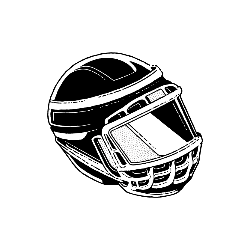 A black and white illustration of a stylized helmet, featuring a visor and protective elements. The design is minimalist with strong contrast, showcasing the helmet's contours, much like a campaign strategy highlights the essence of Our Story.