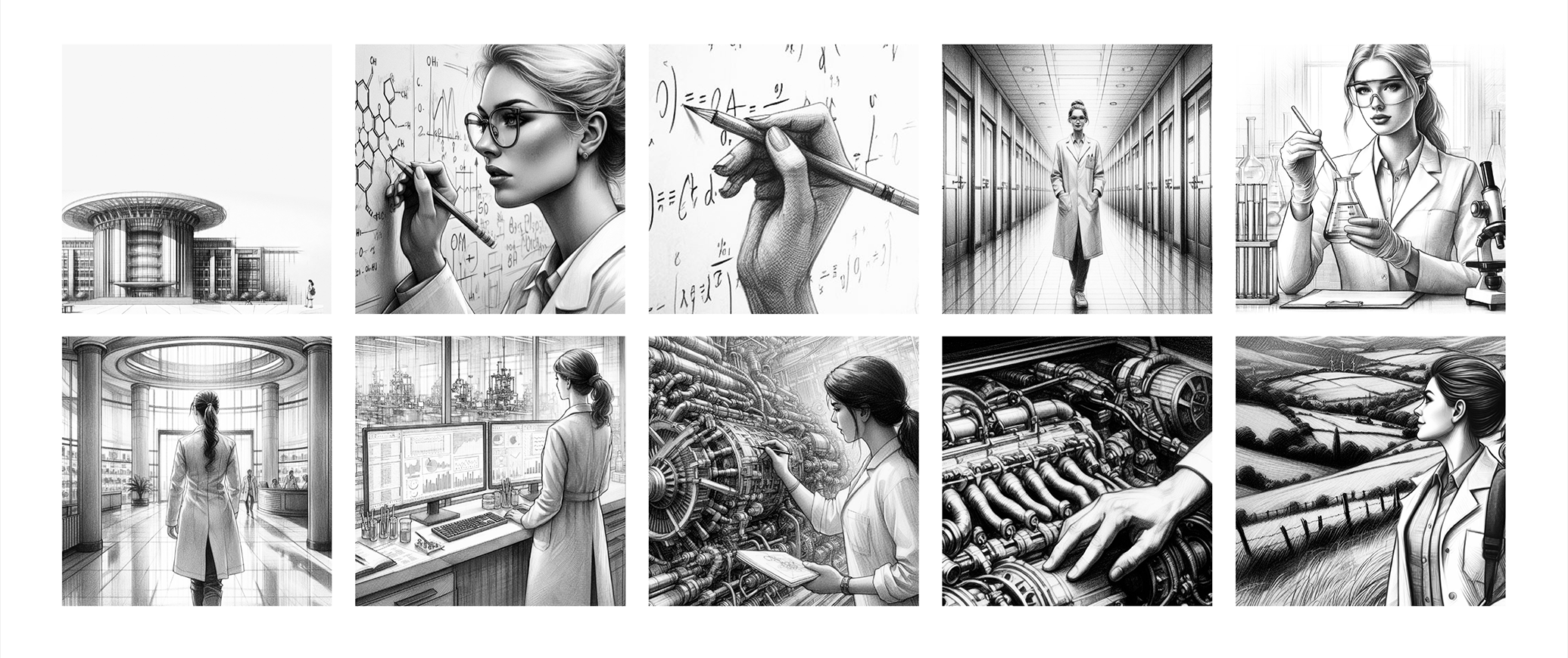 A collage of monochrome images showing a scientist in various scenarios: analyzing equations, walking in a corridor, using lab equipment, working with computers and machinery, and viewing a landscape.