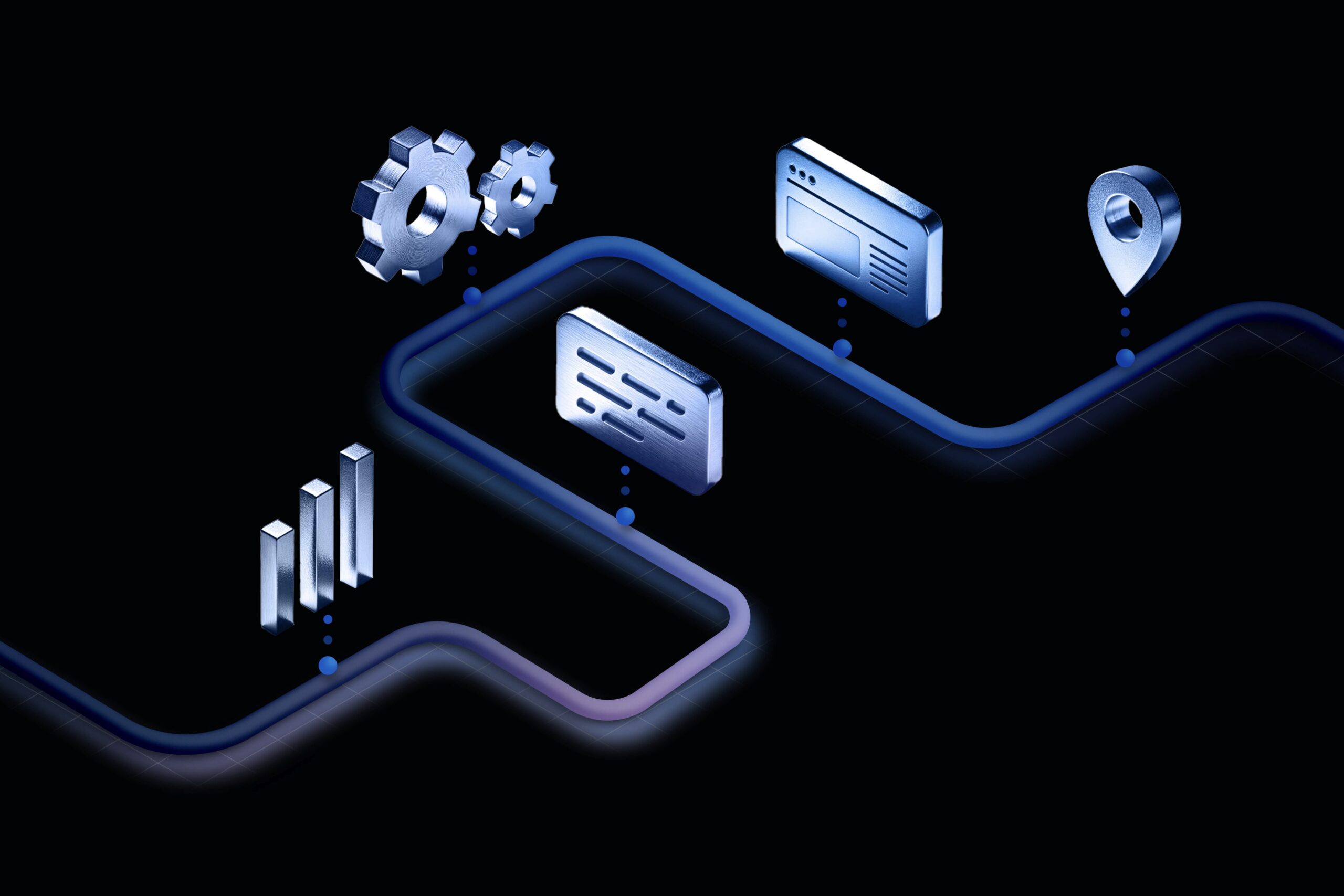 An isometric design illustrates a digital process with icons: gears, graph bars, chat bubble, browser window, and location pin. Connected by a winding blue path on a black background, it symbolizes workflow and user experience progression.